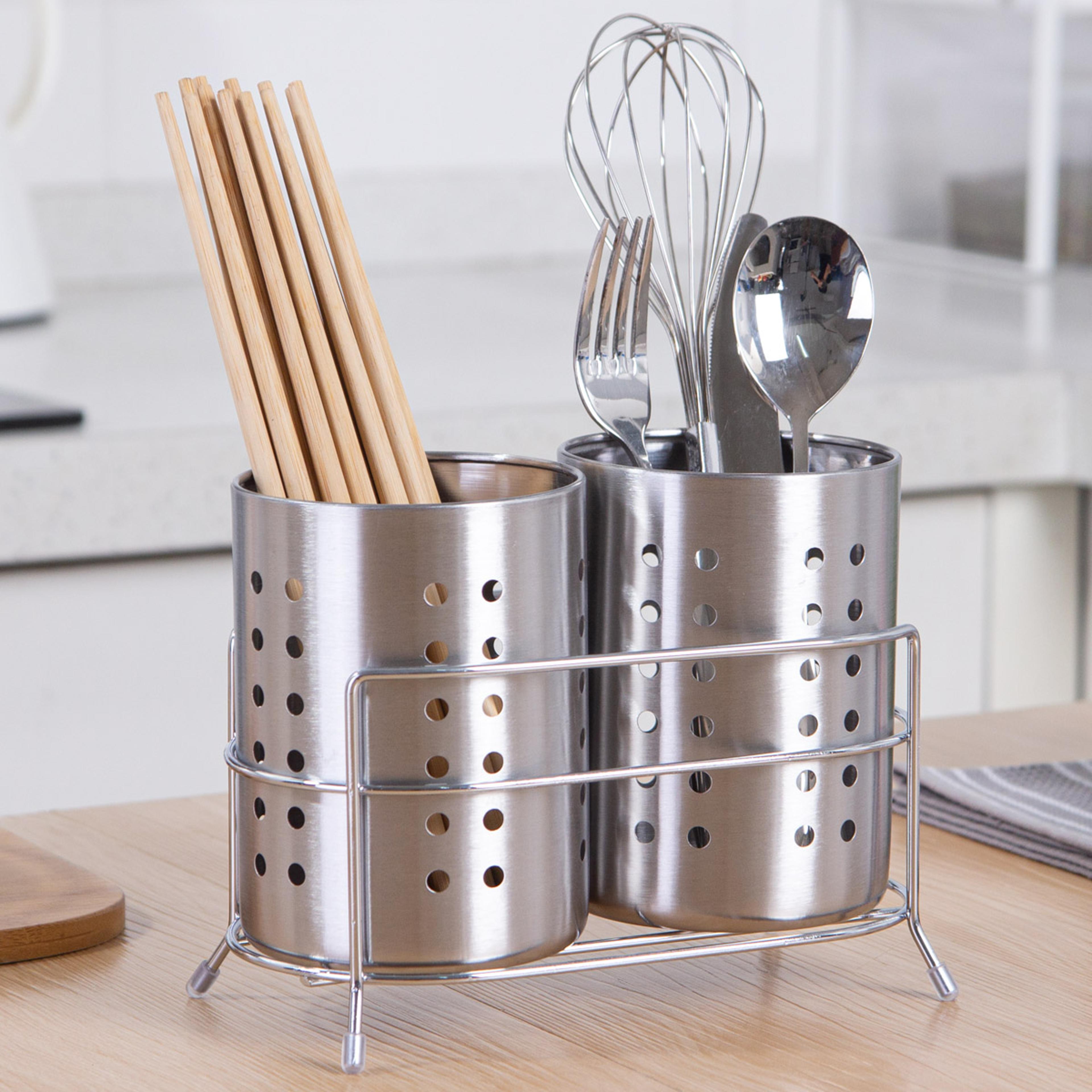stainless steel double tube cutlery basket with chopstick holder storage rack