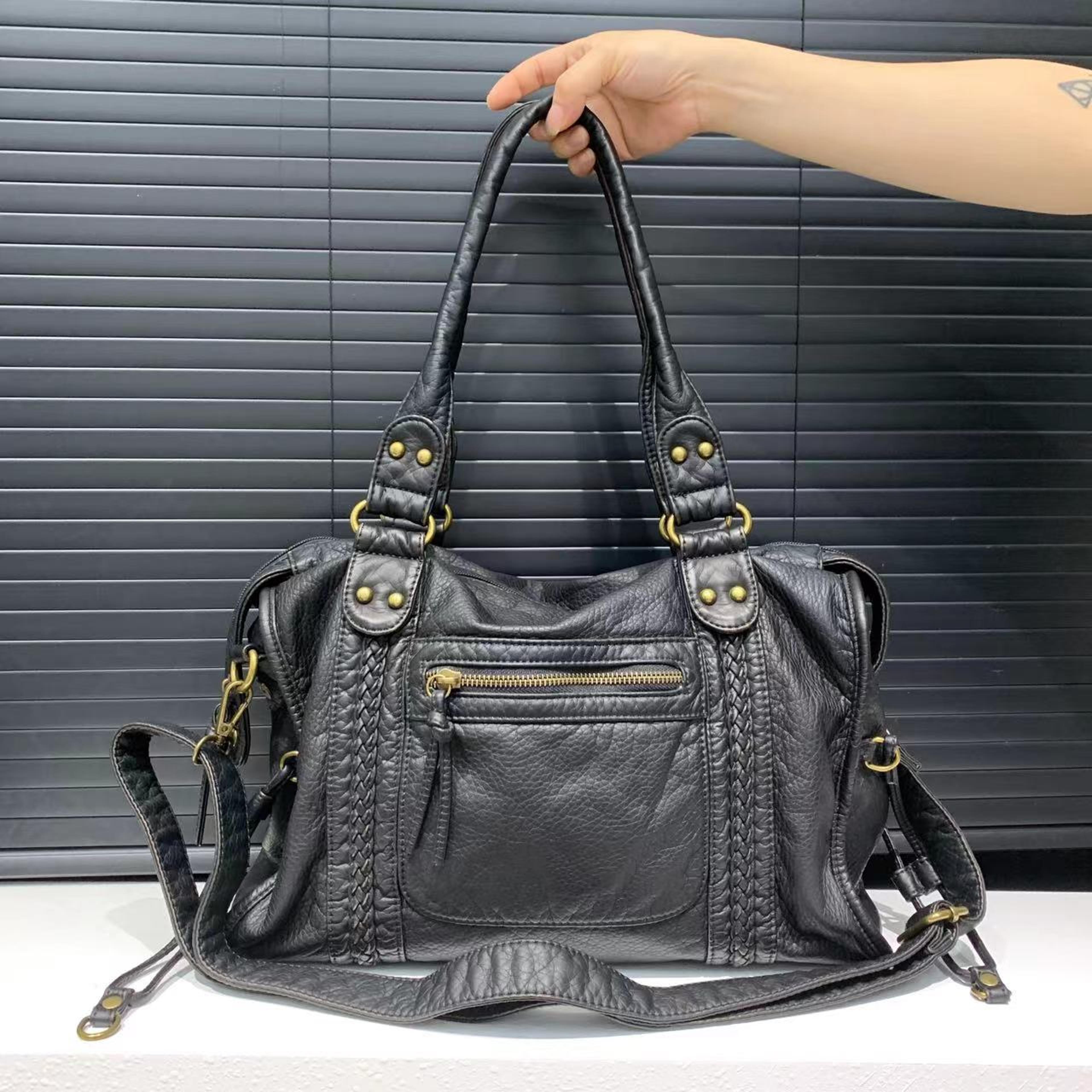 washed leather motorcycle shoulder bag large capacity crossbody purse