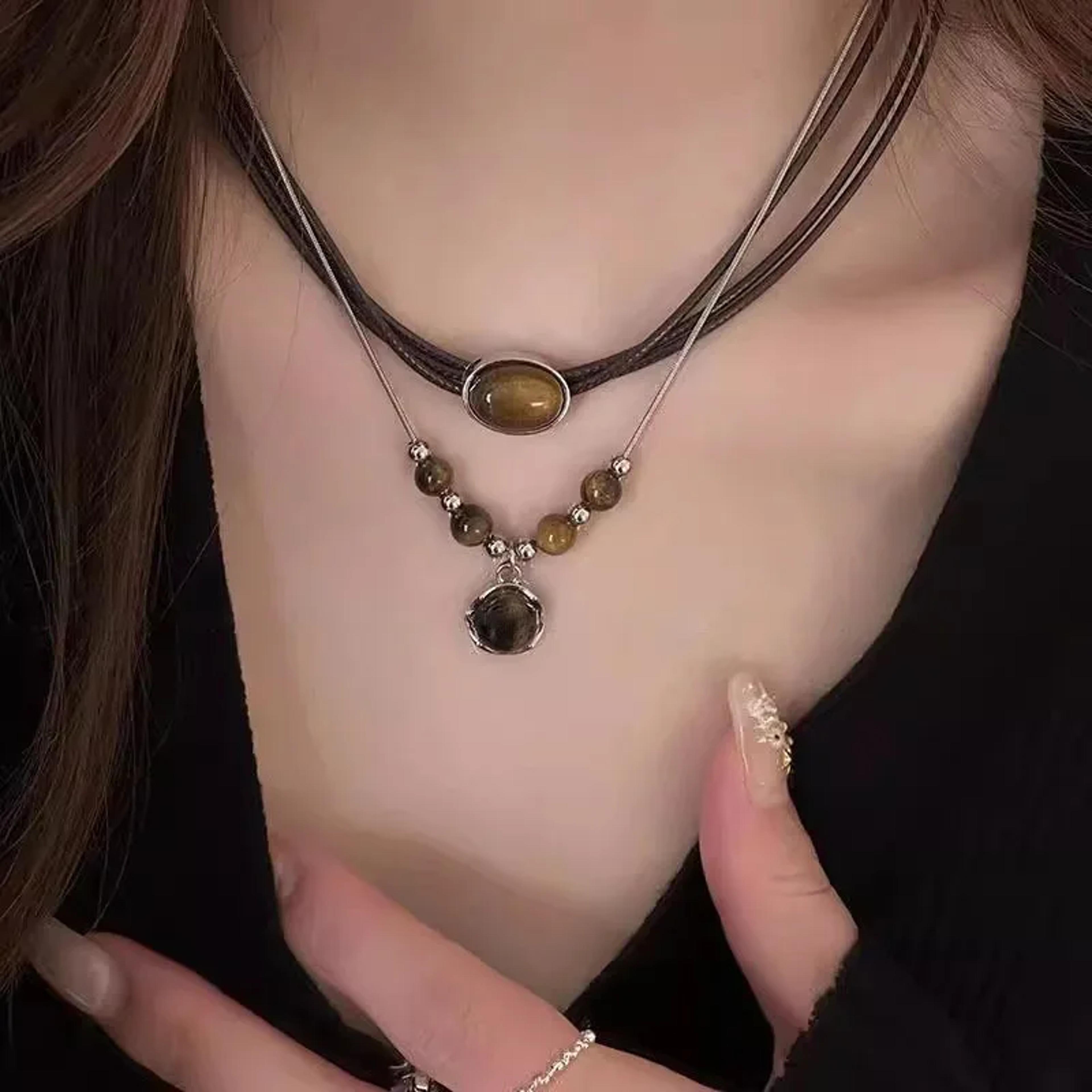 vintage leather brown stone pendant necklace retro choker jewelry for women