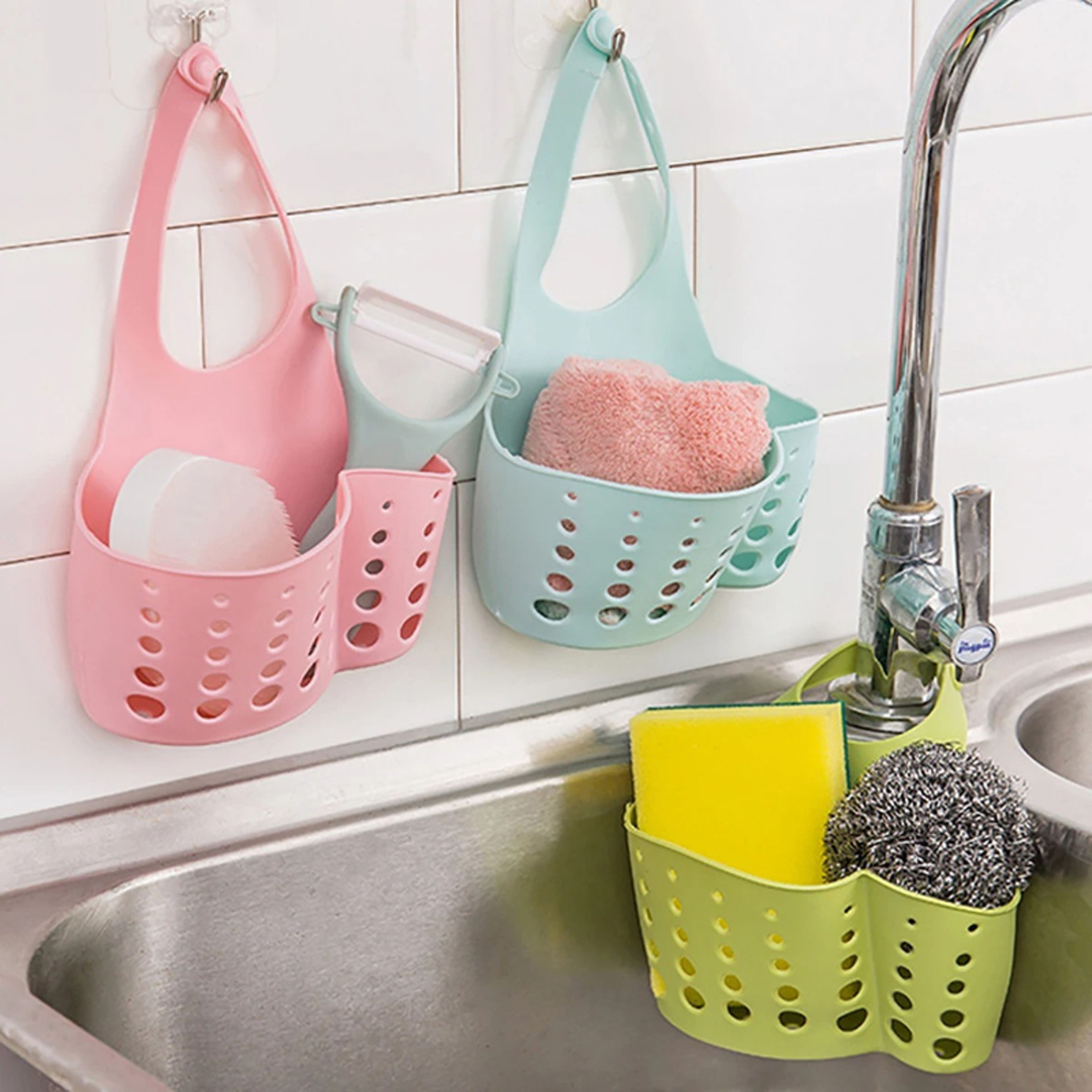 adjustable sink drain basket sponge holder kitchen storage organizer