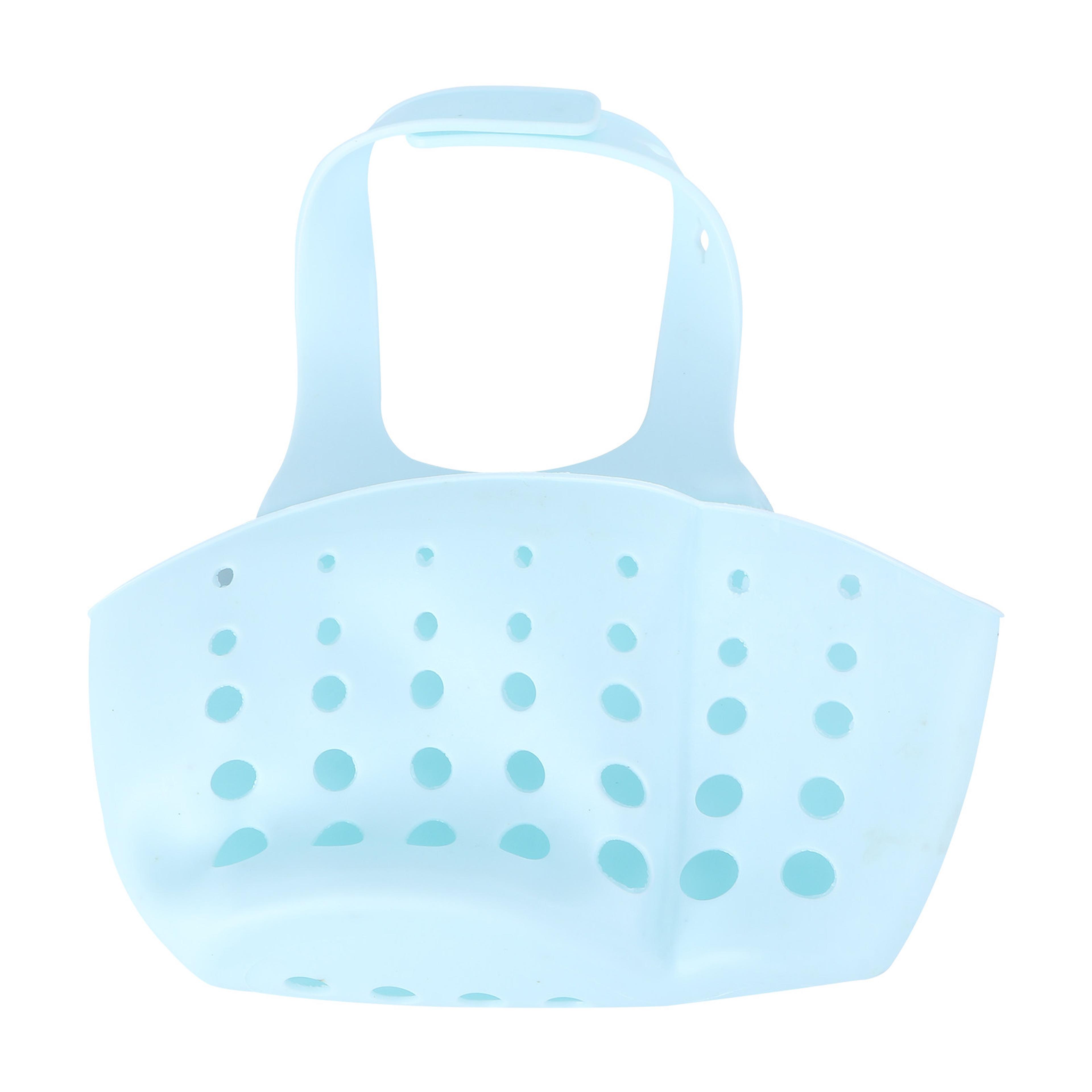 double sink hanging sponge holder with adjustable strap and drain basket