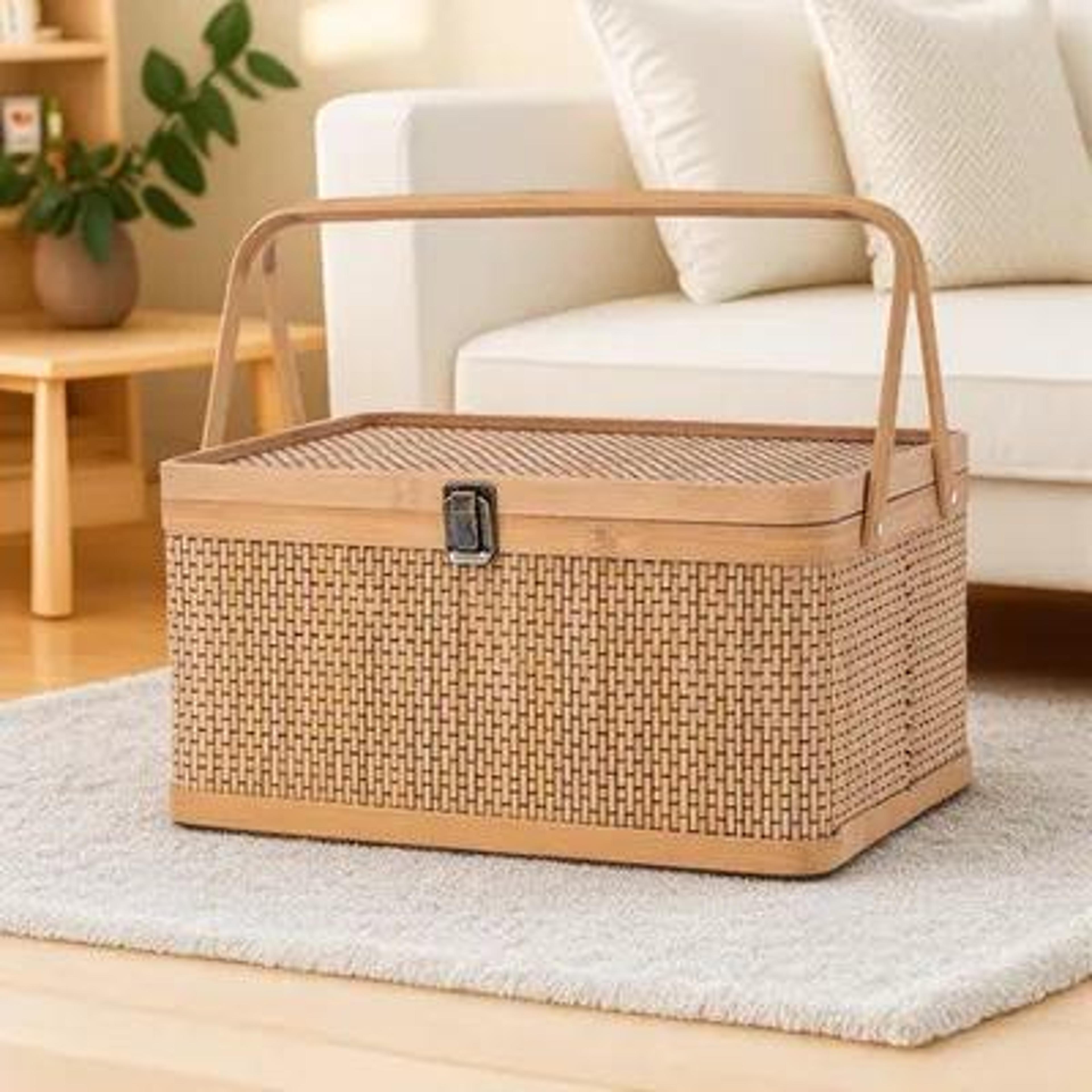handwoven bamboo storage basket with handle for kitchen fruits vegetables and eggs