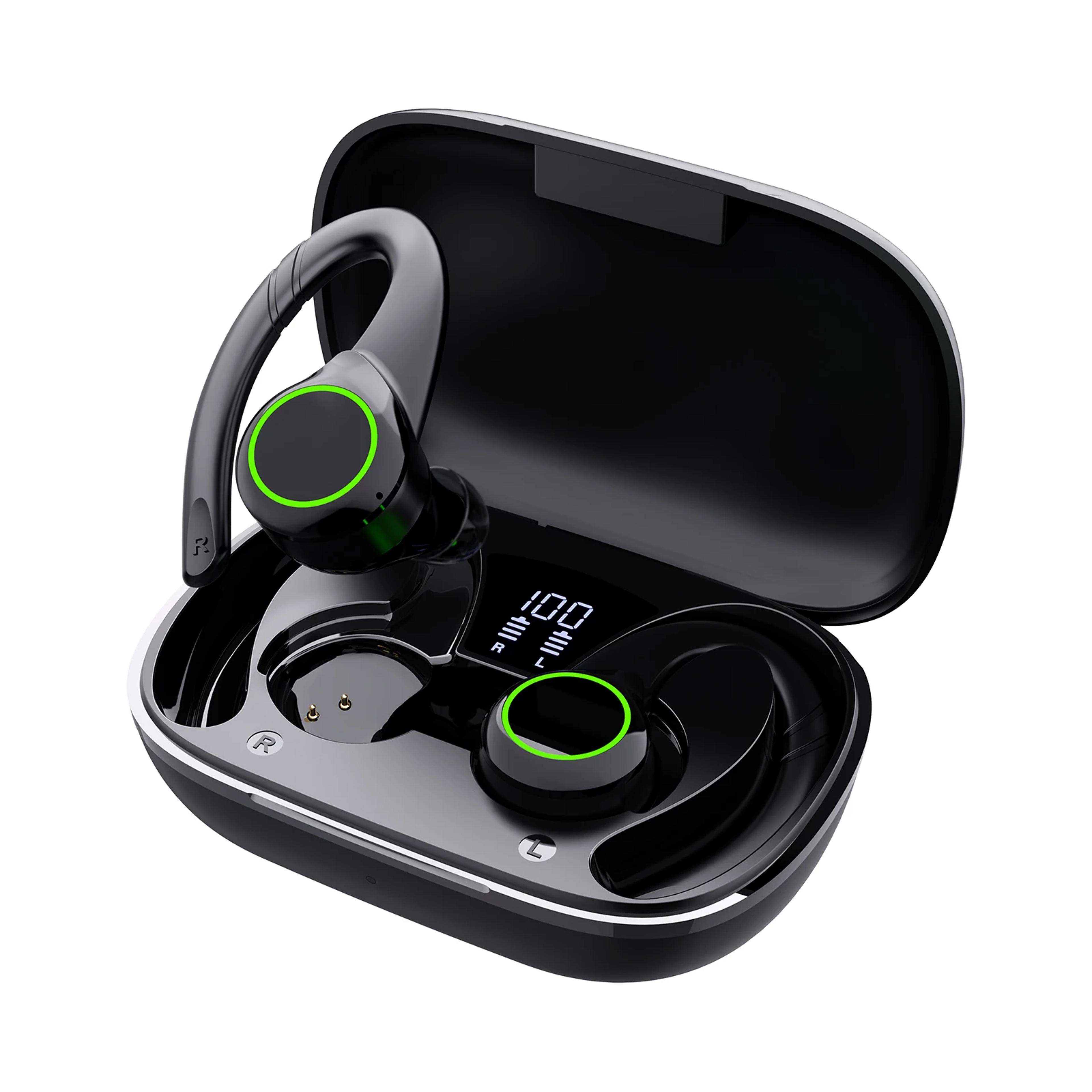 tws wireless bluetooth earbuds with led display and ear hook for sports