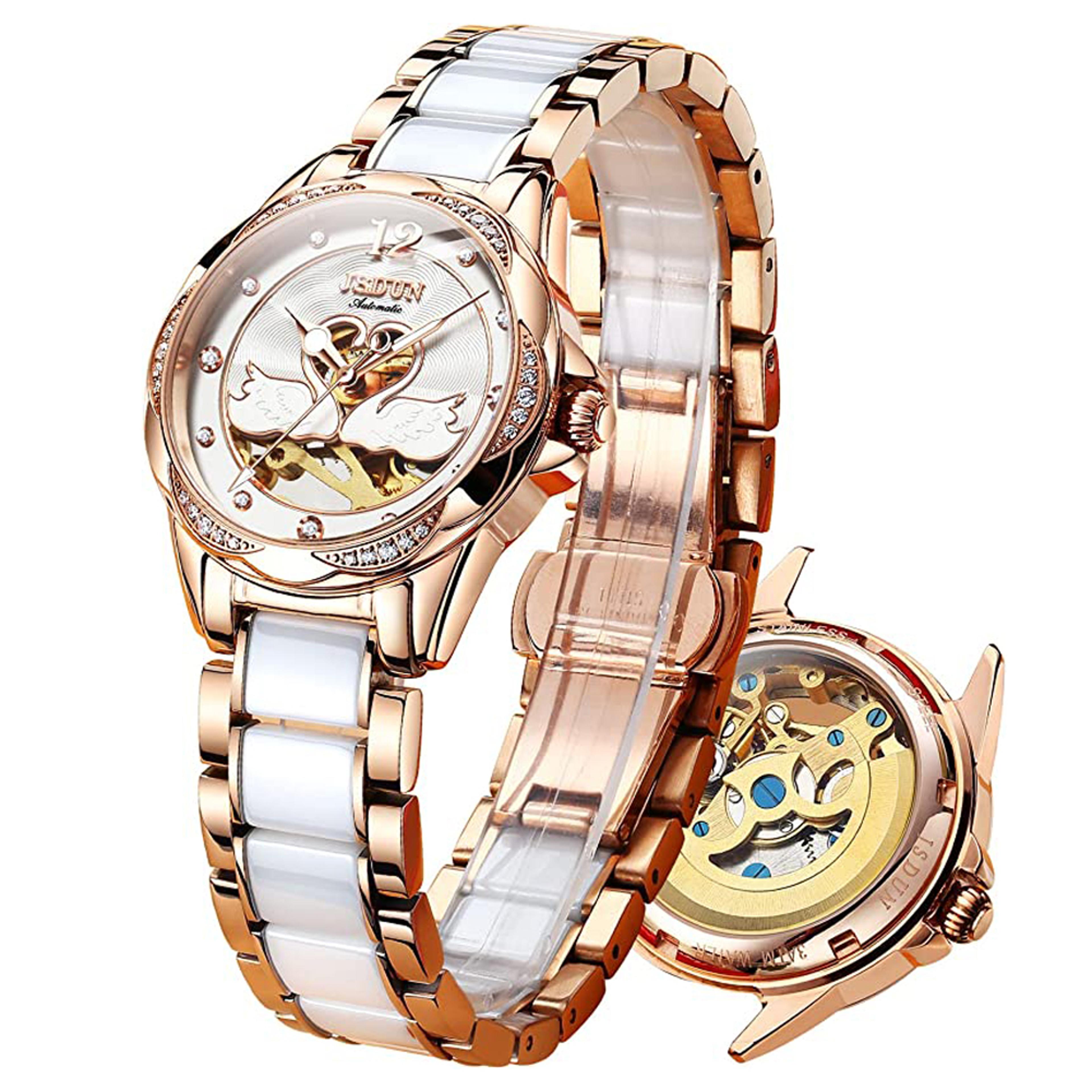 automatic mechanical watch for women with skeleton dial and ceramic strap