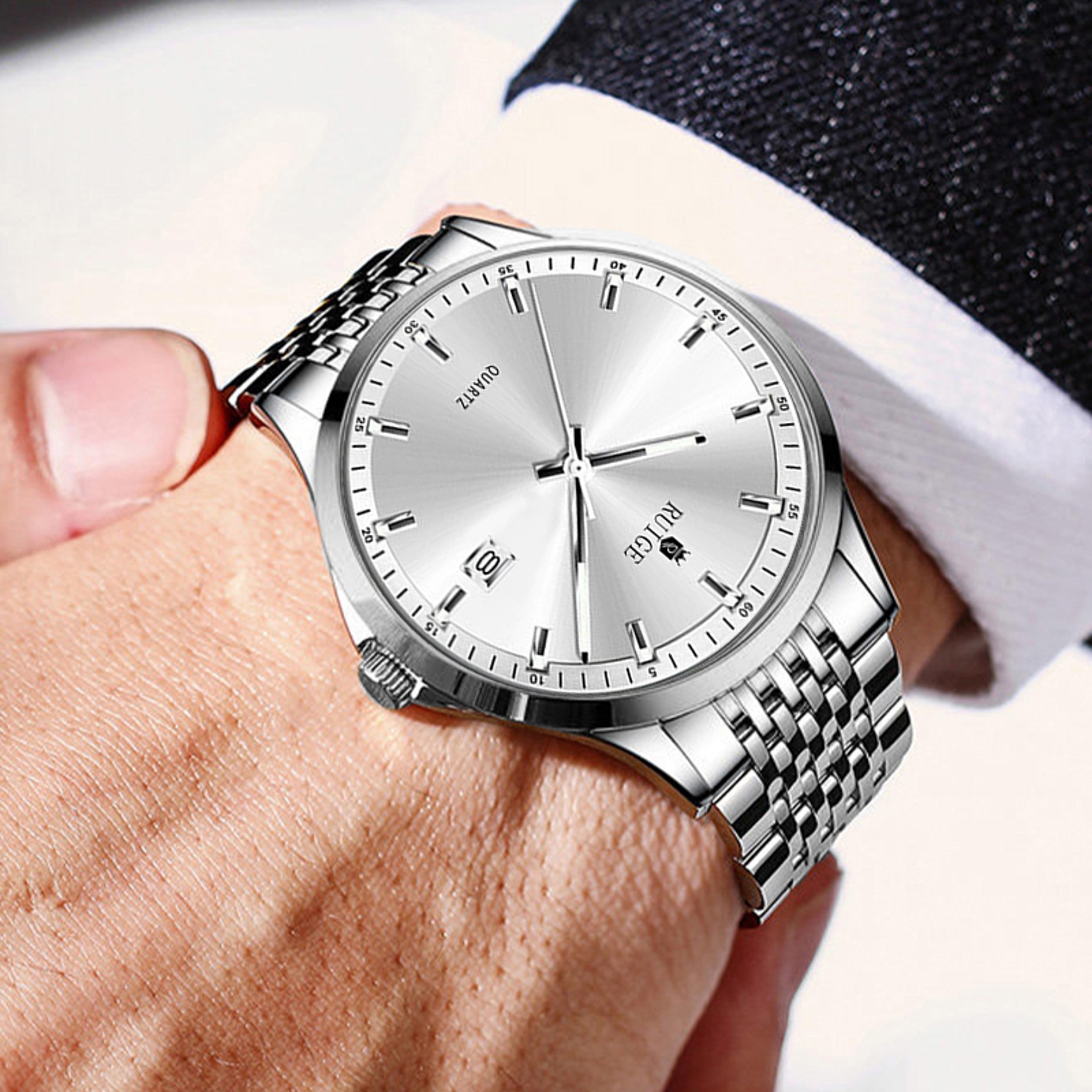 stainless steel quartz watch with calendar waterproof night light design