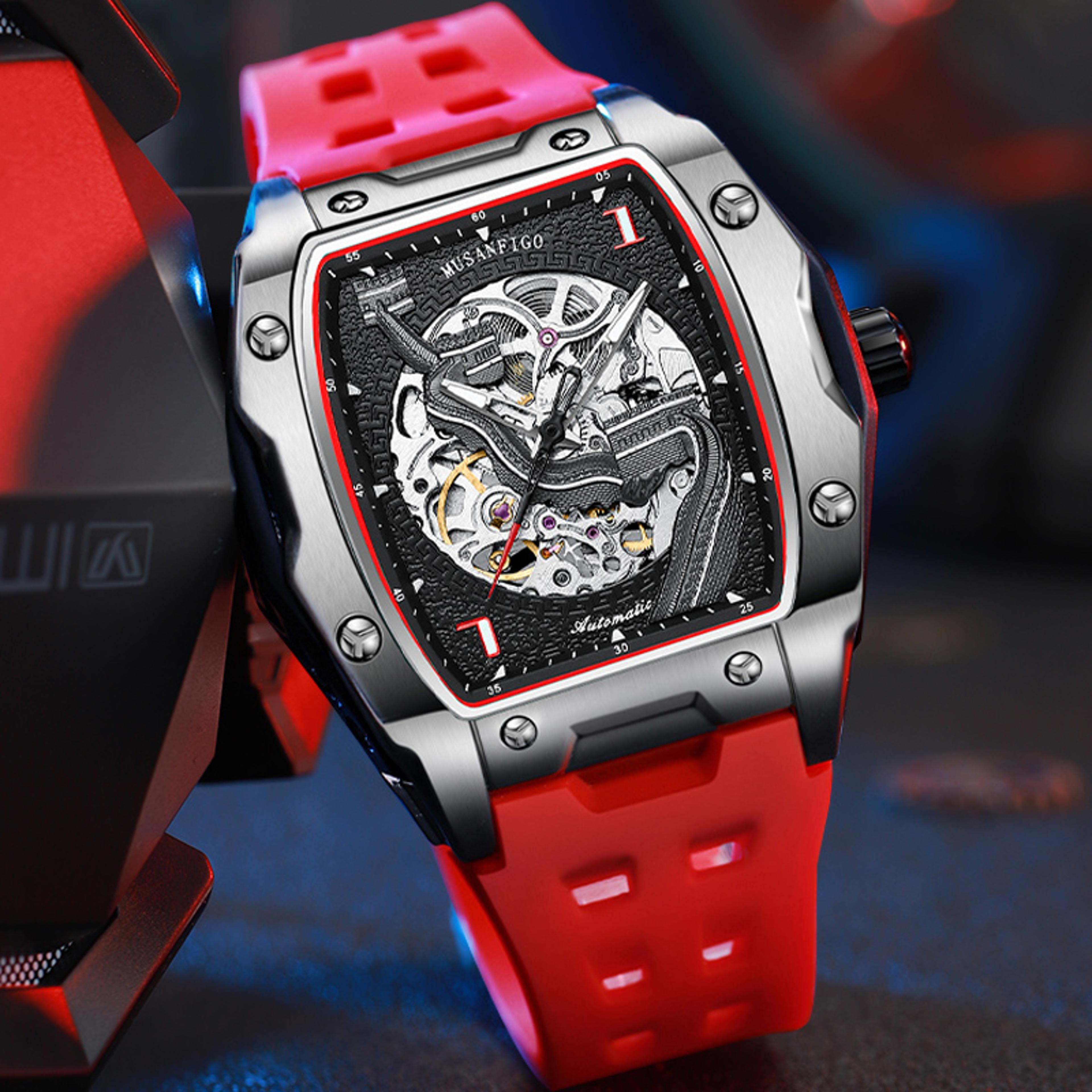 luxury tonneau skeleton automatic mechanical watch for men waterproof luminous wristwatch