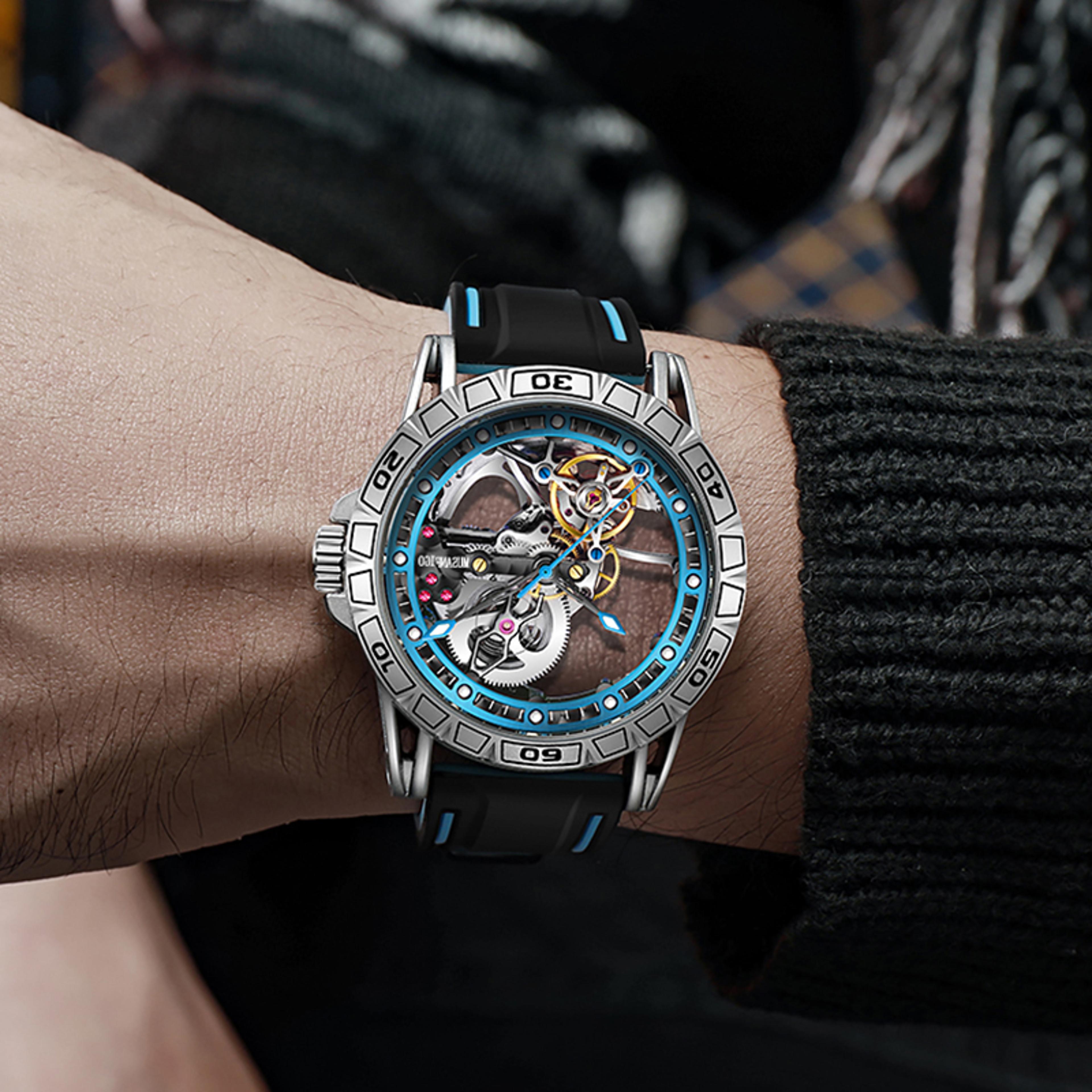 double sided hollow mechanical watch for men with silicone strap and night light
