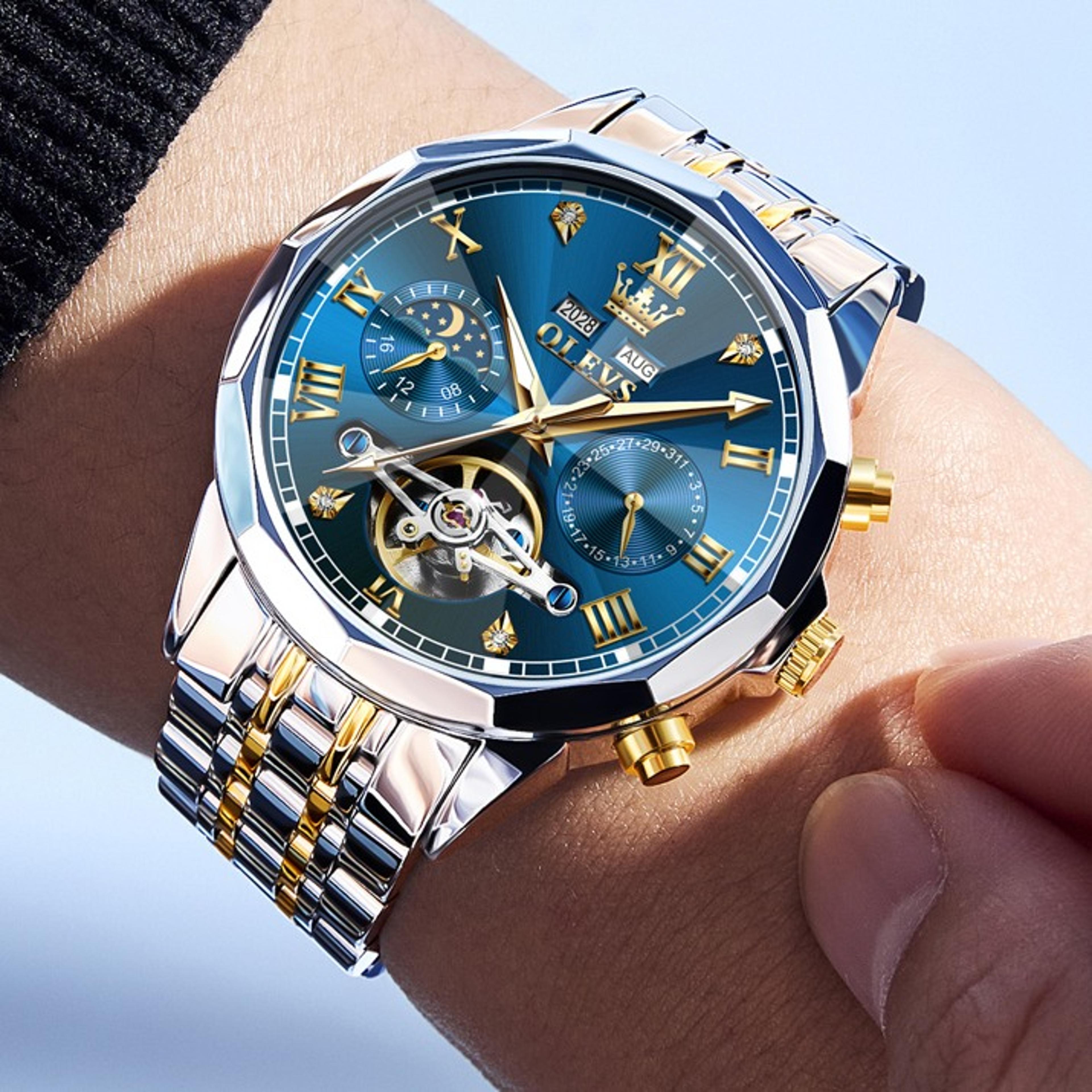 luxury mens automatic skeleton watch with moon phase and stainless steel bracelet
