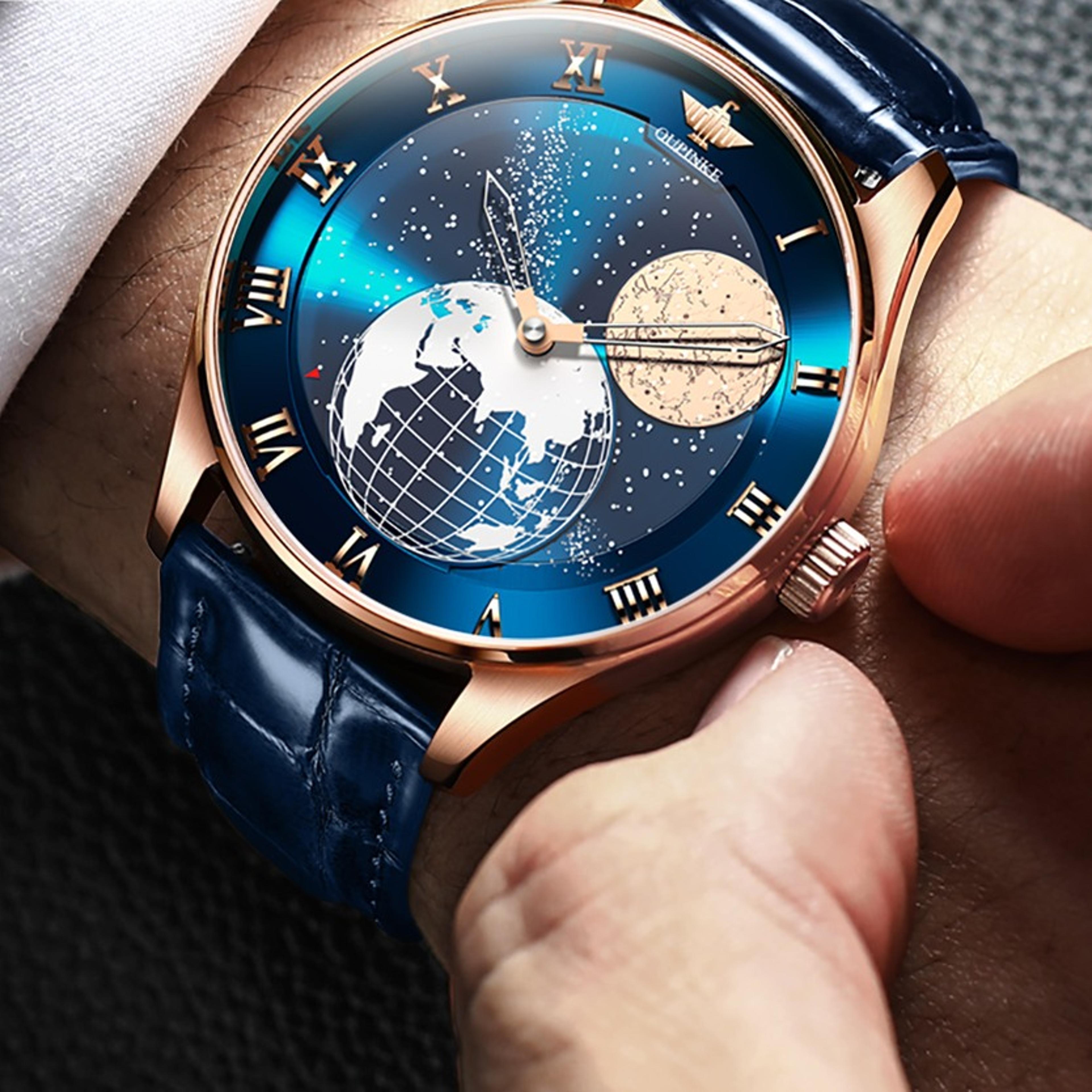 earth moon phase watch for men automatic mechanical starry dial watch