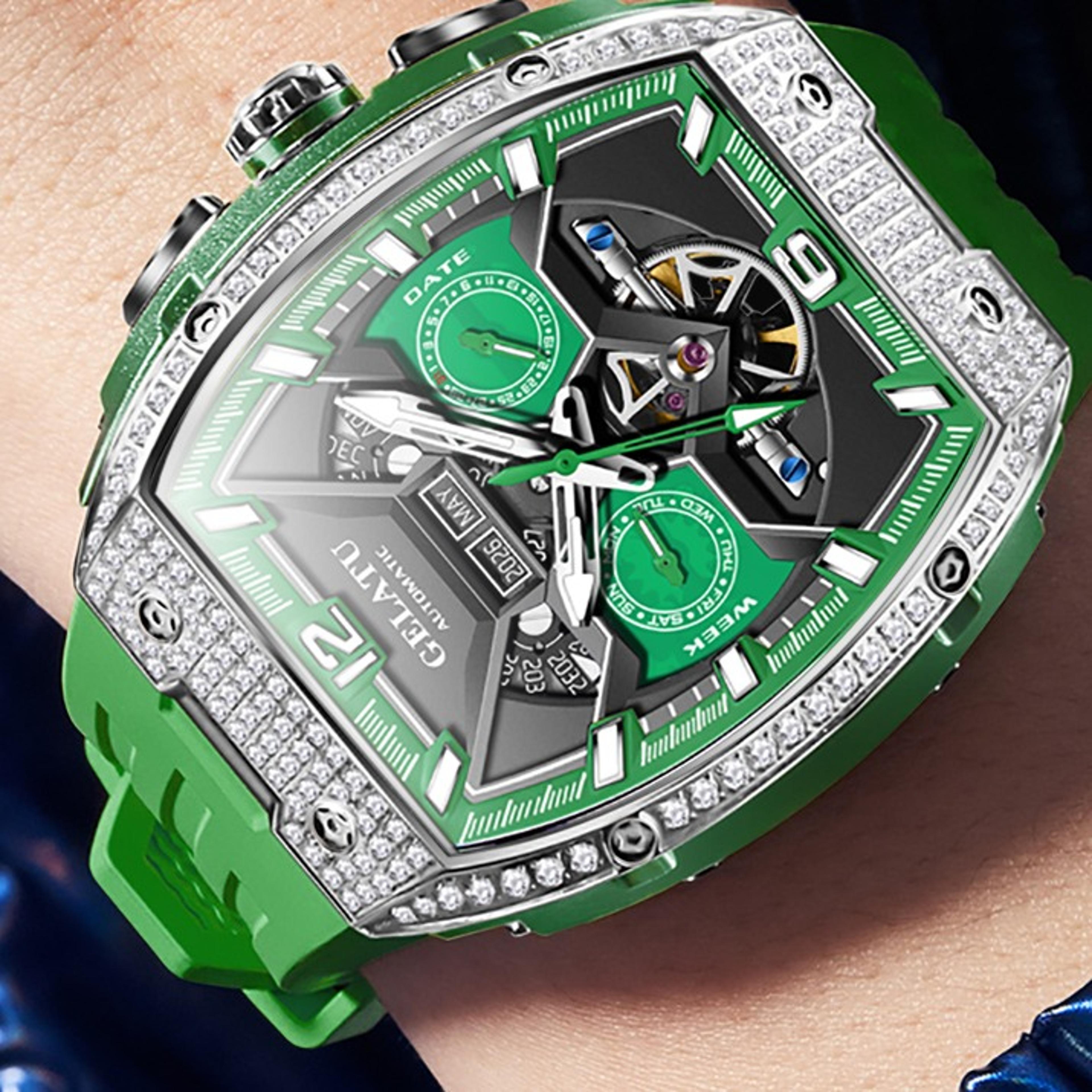 mens skeleton automatic mechanical watch with dual calendar and silicone strap