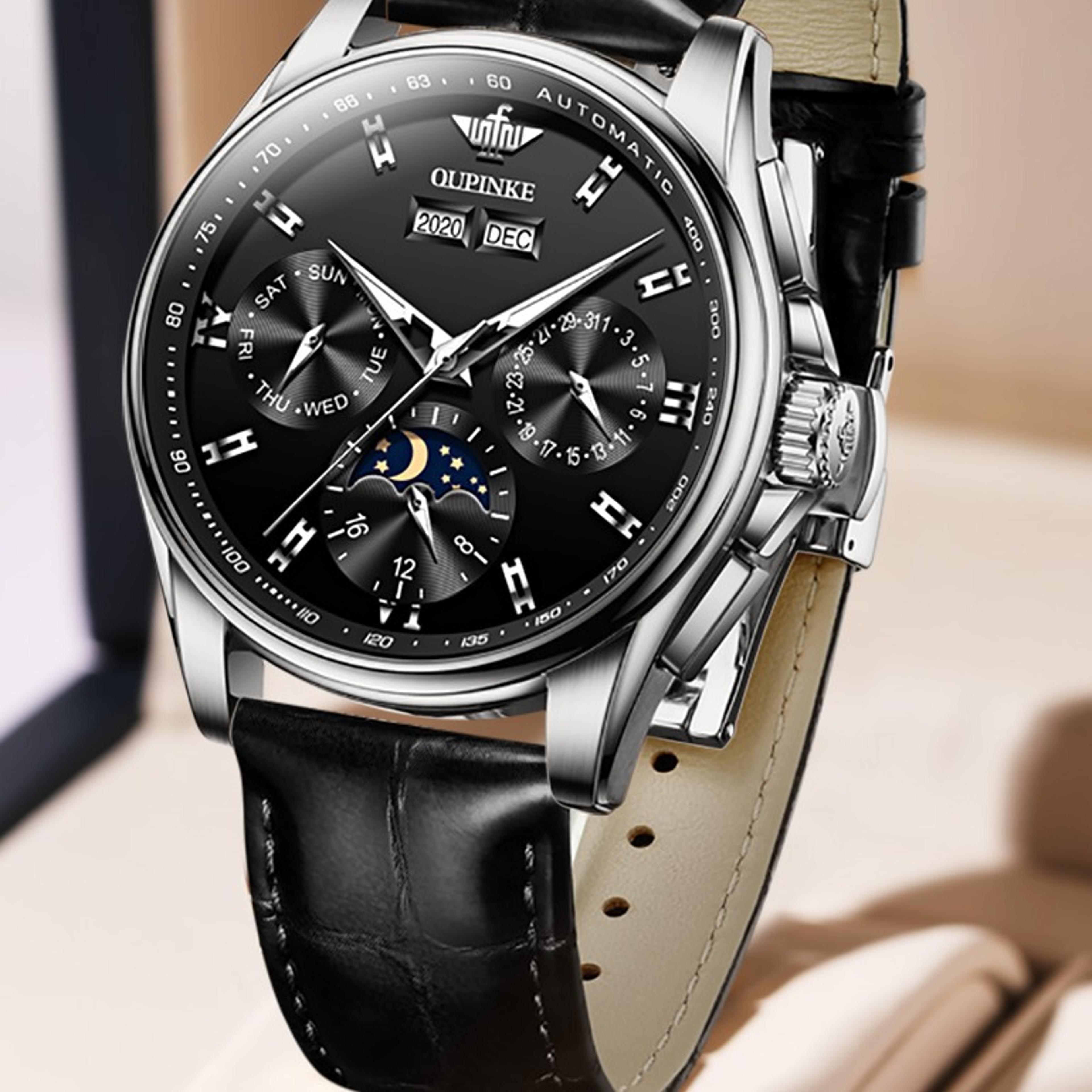 automatic mechanical watch with moon phase sapphire crystal and leather strap