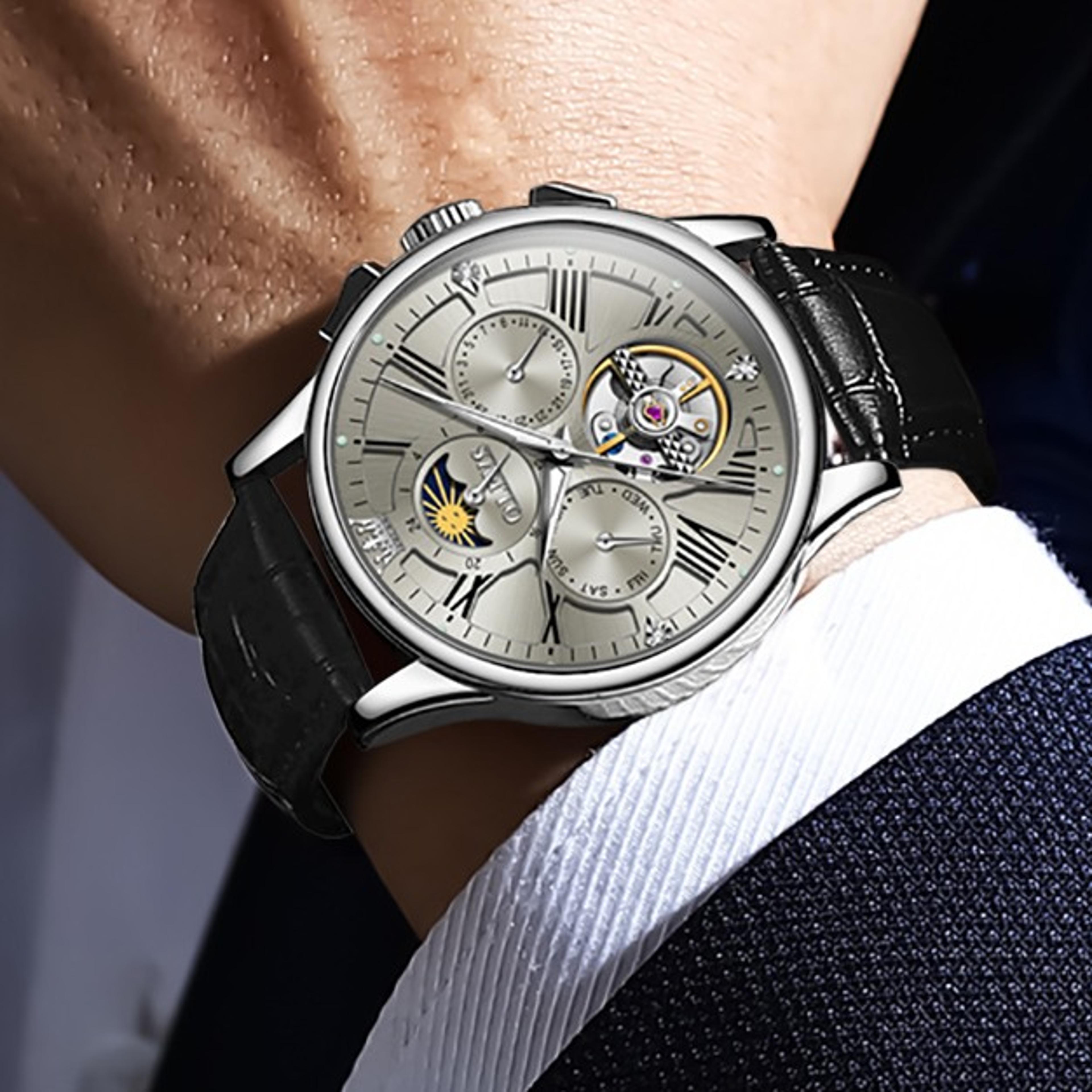 roman numeral skeleton automatic watch with moon phase and leather strap