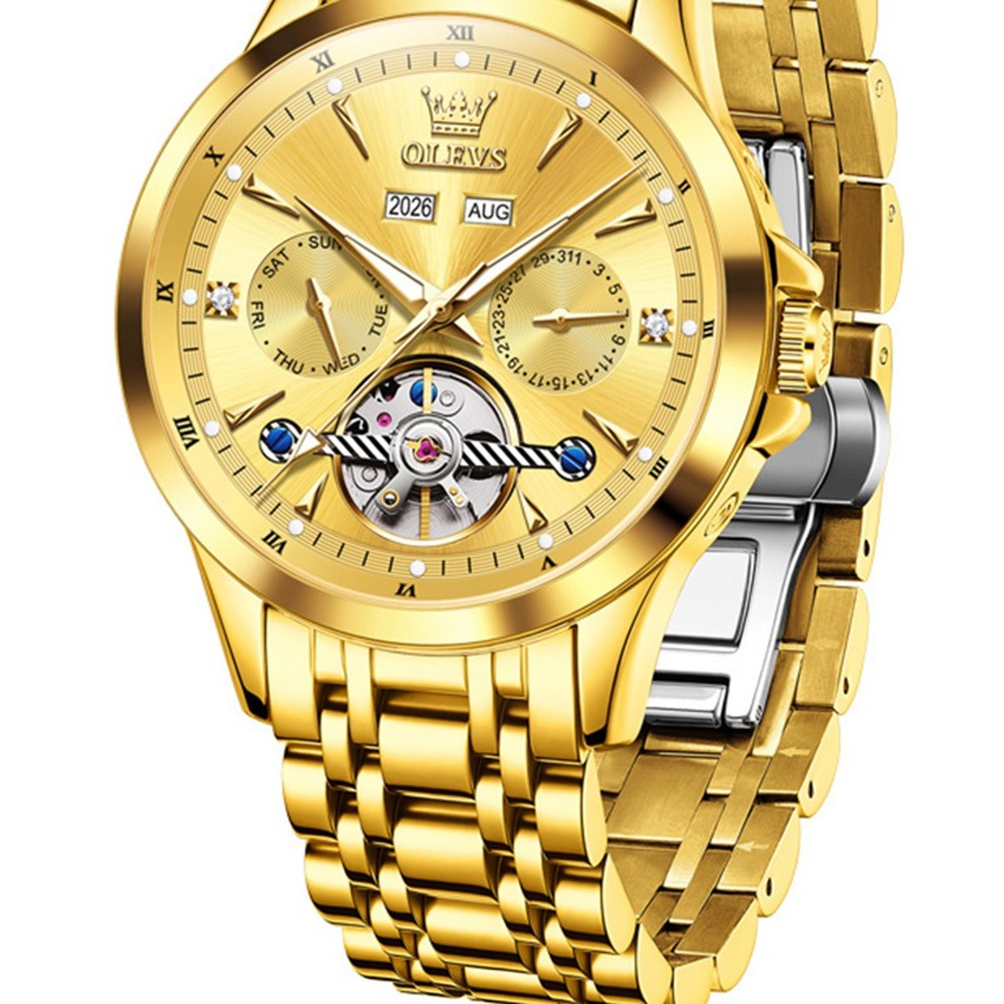 automatic mechanical watch for men with skeleton dial luminous calendar and stainless steel band