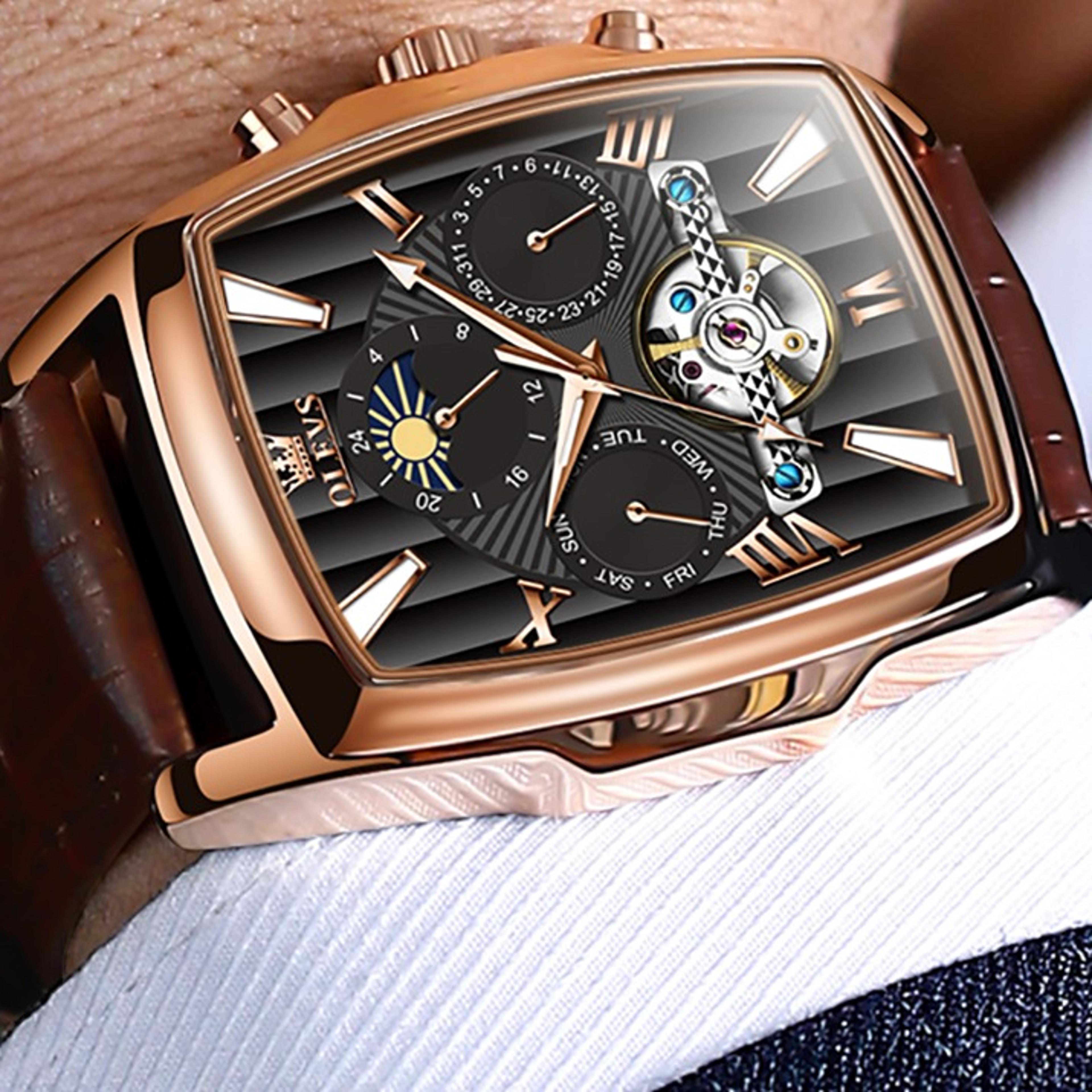 automatic mechanical watch for men with skeleton square dial and moon phase