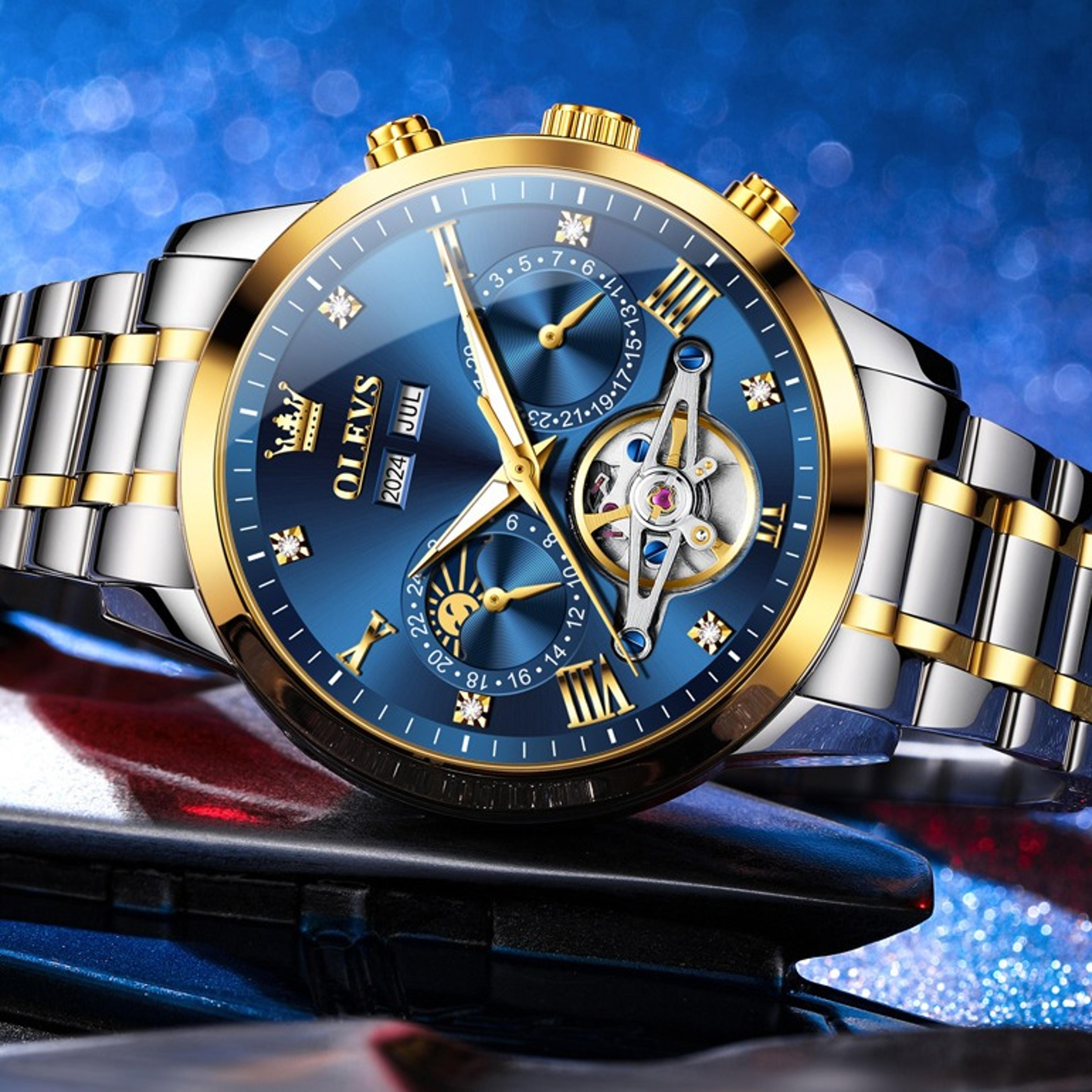 luxury automatic mechanical watch for men with moon phase and hollow flywheel