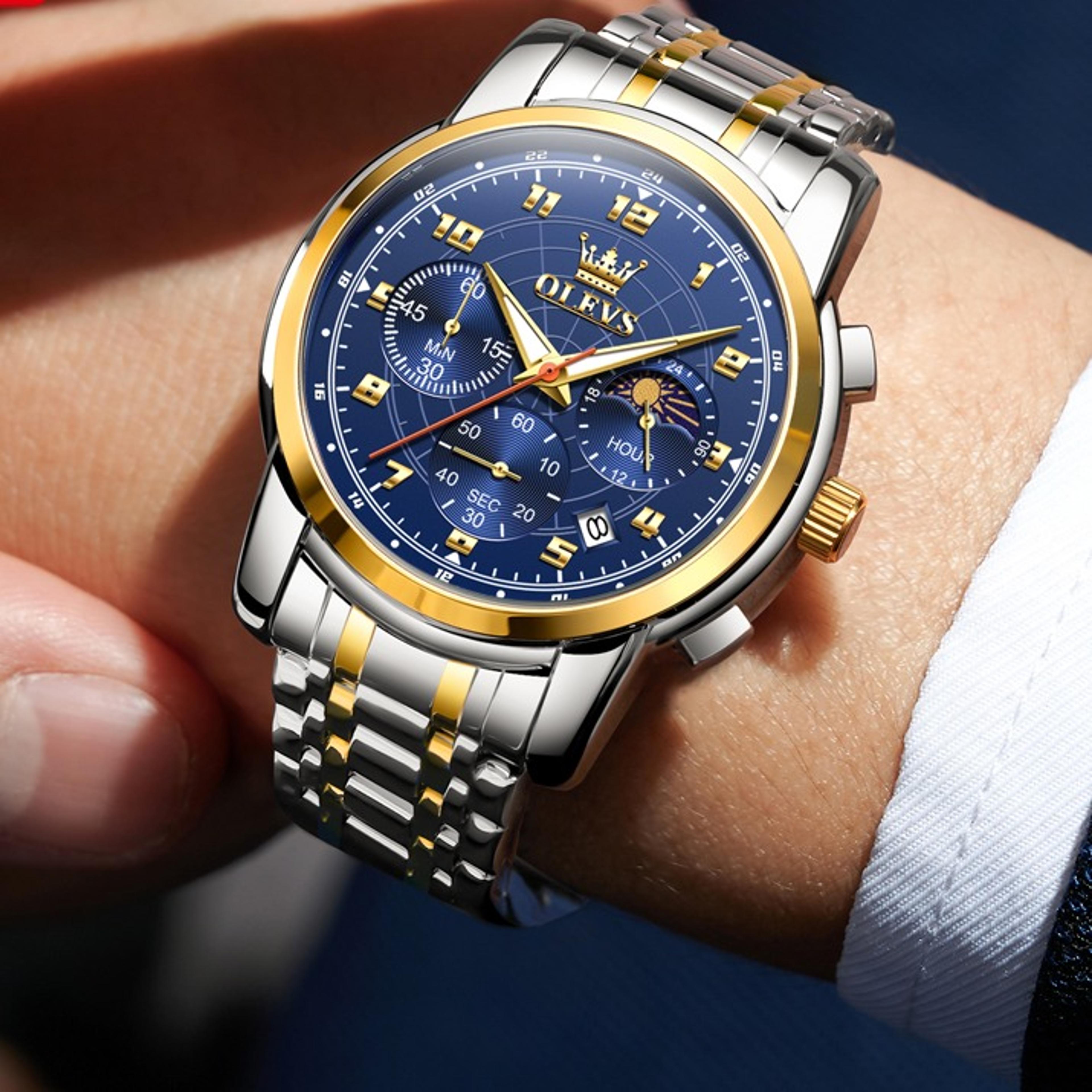 mens quartz chronograph watch with steel strap moon phase waterproof design