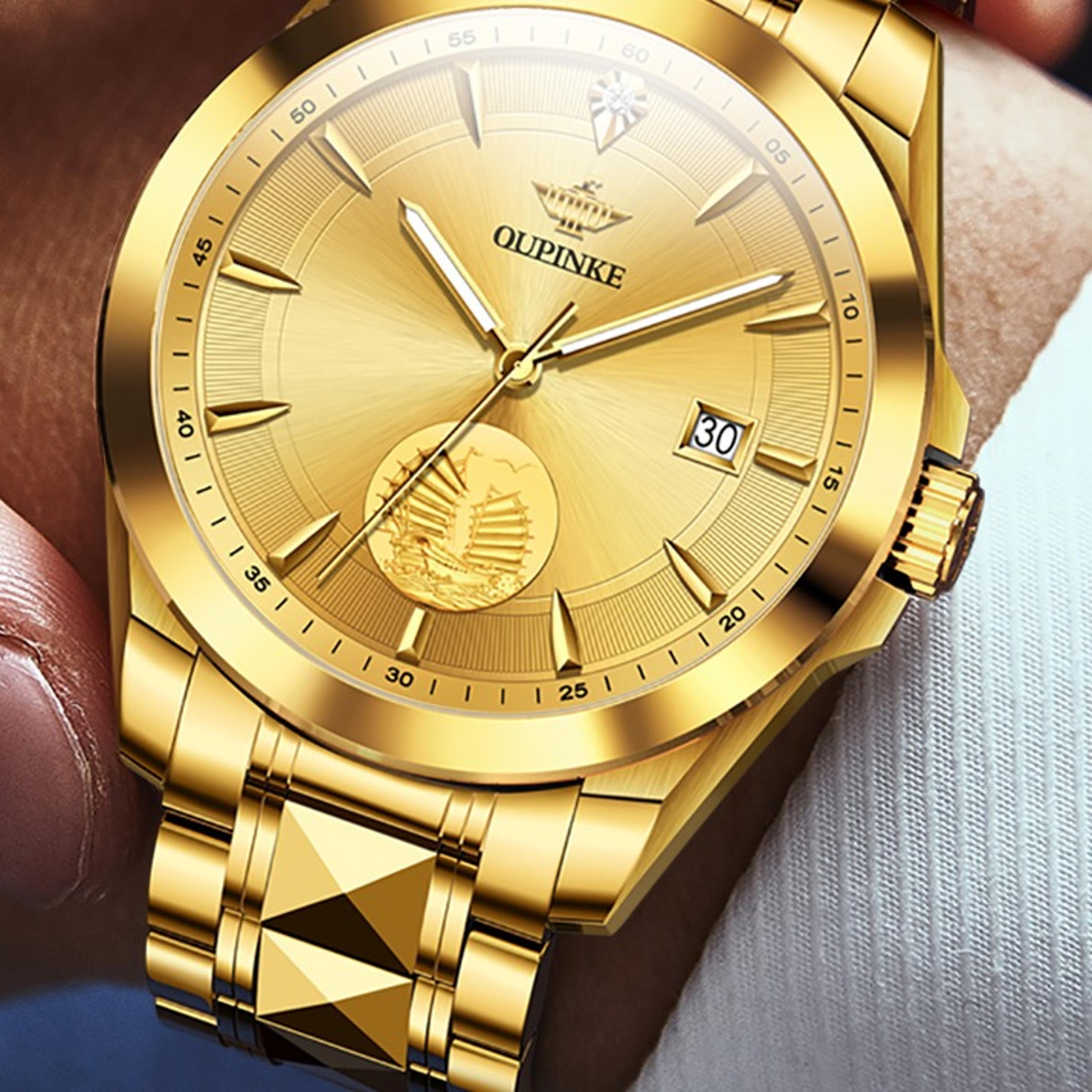 luxury automatic mechanical watch men real diamond sapphire glass gold finish wristwatch