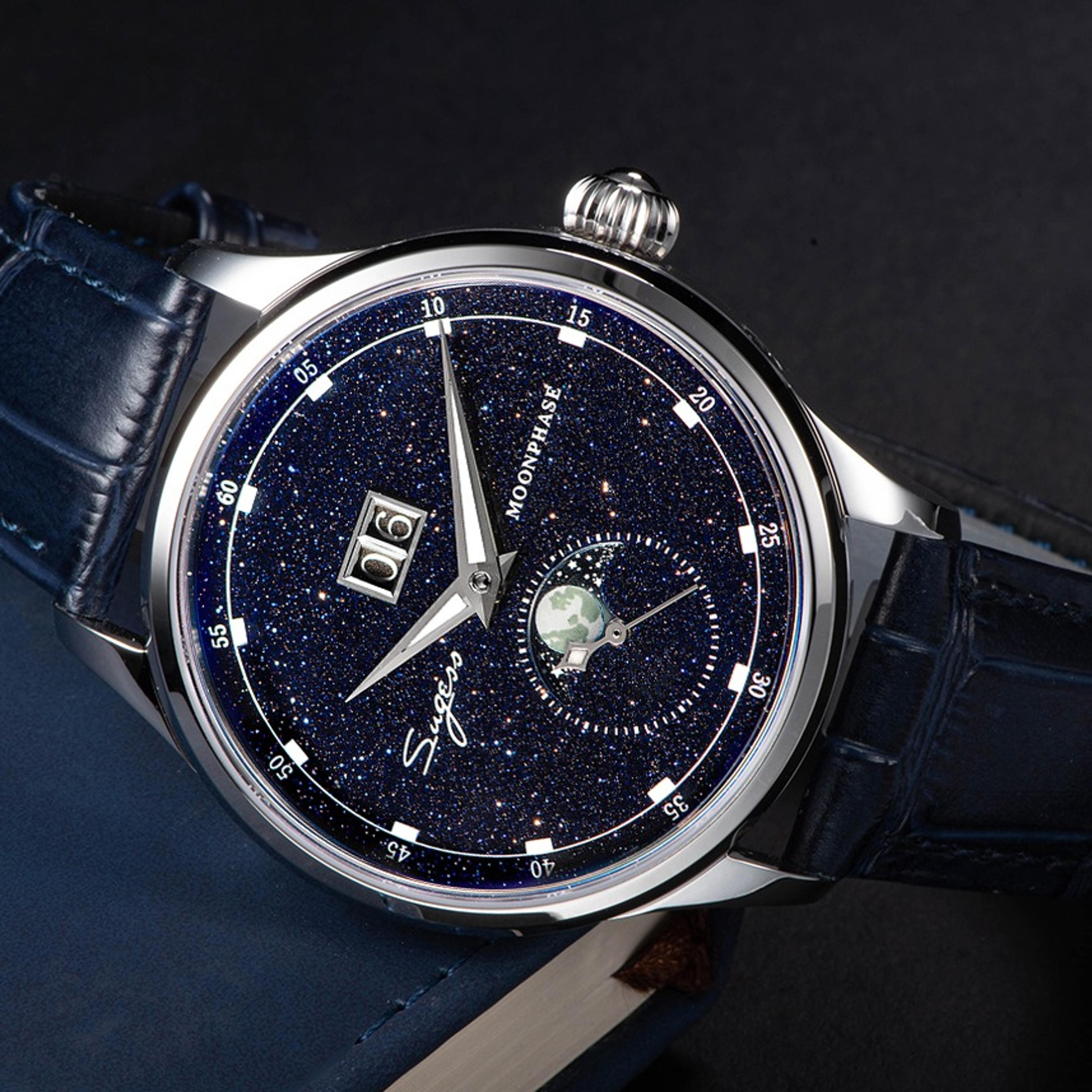 automatic mechanical watch with seagull movement blue sandstone dial