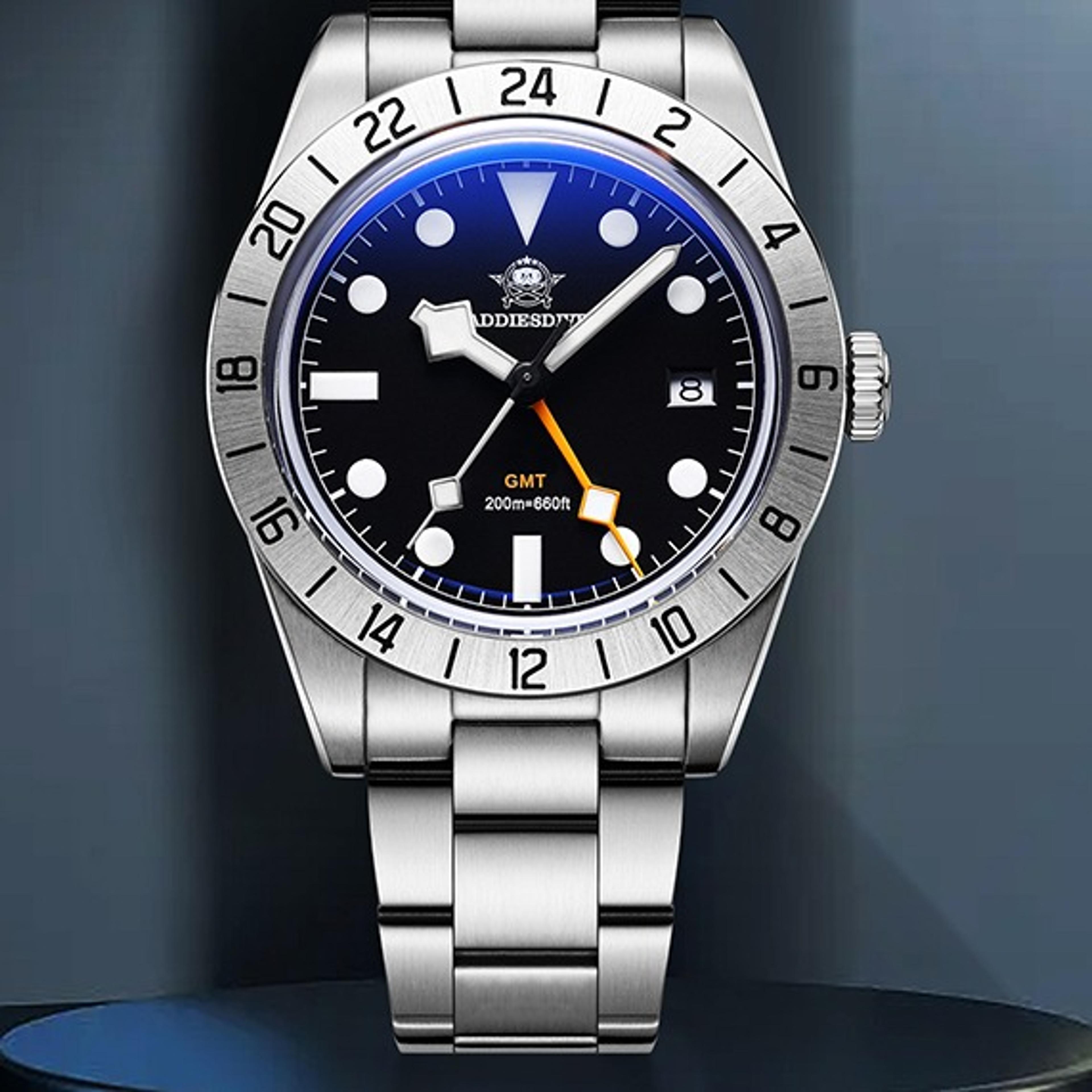luxury mens stainless steel gmt quartz watch with blue luminous dial waterproof design