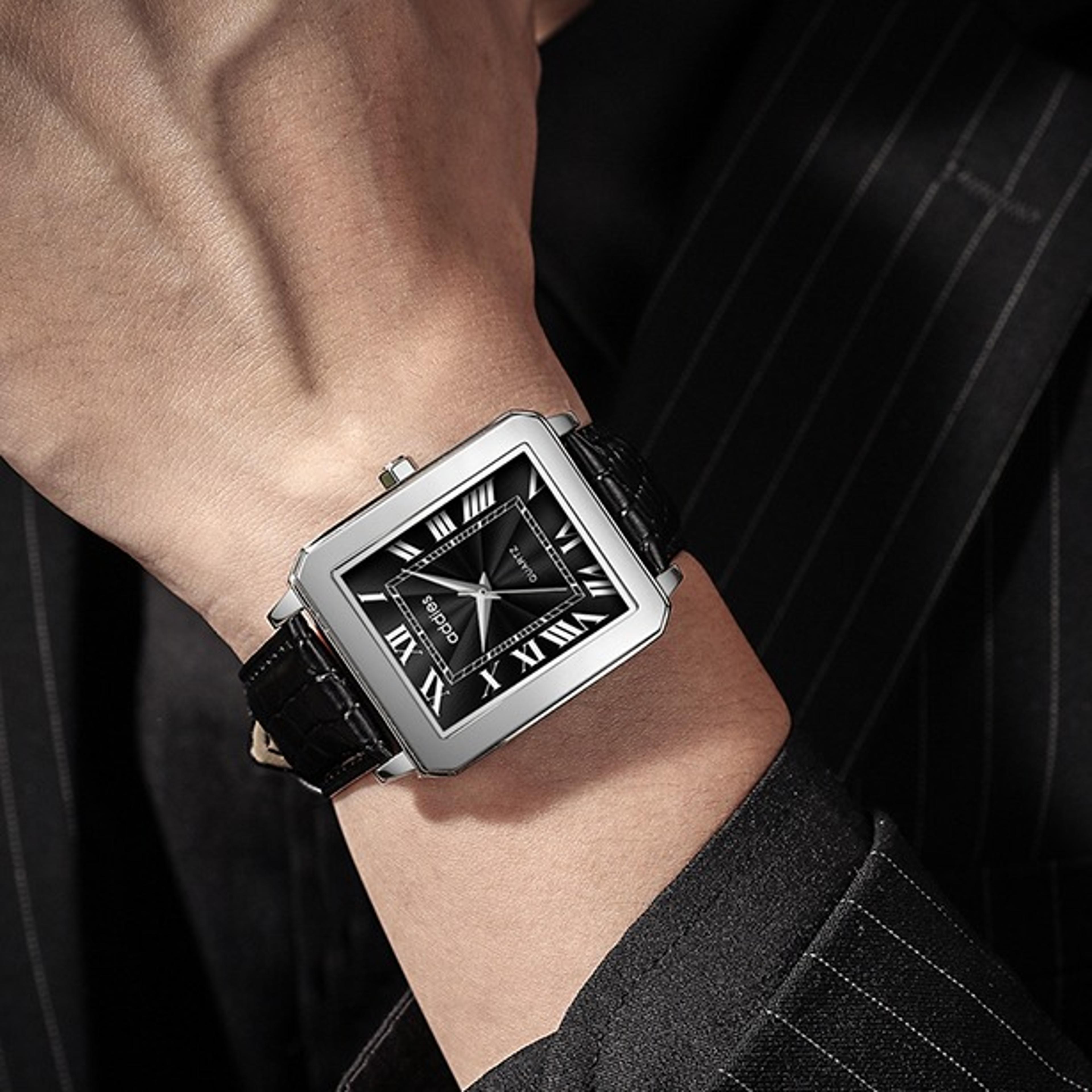 luxury mens quartz watch with black dial leather strap waterproof stainless steel case