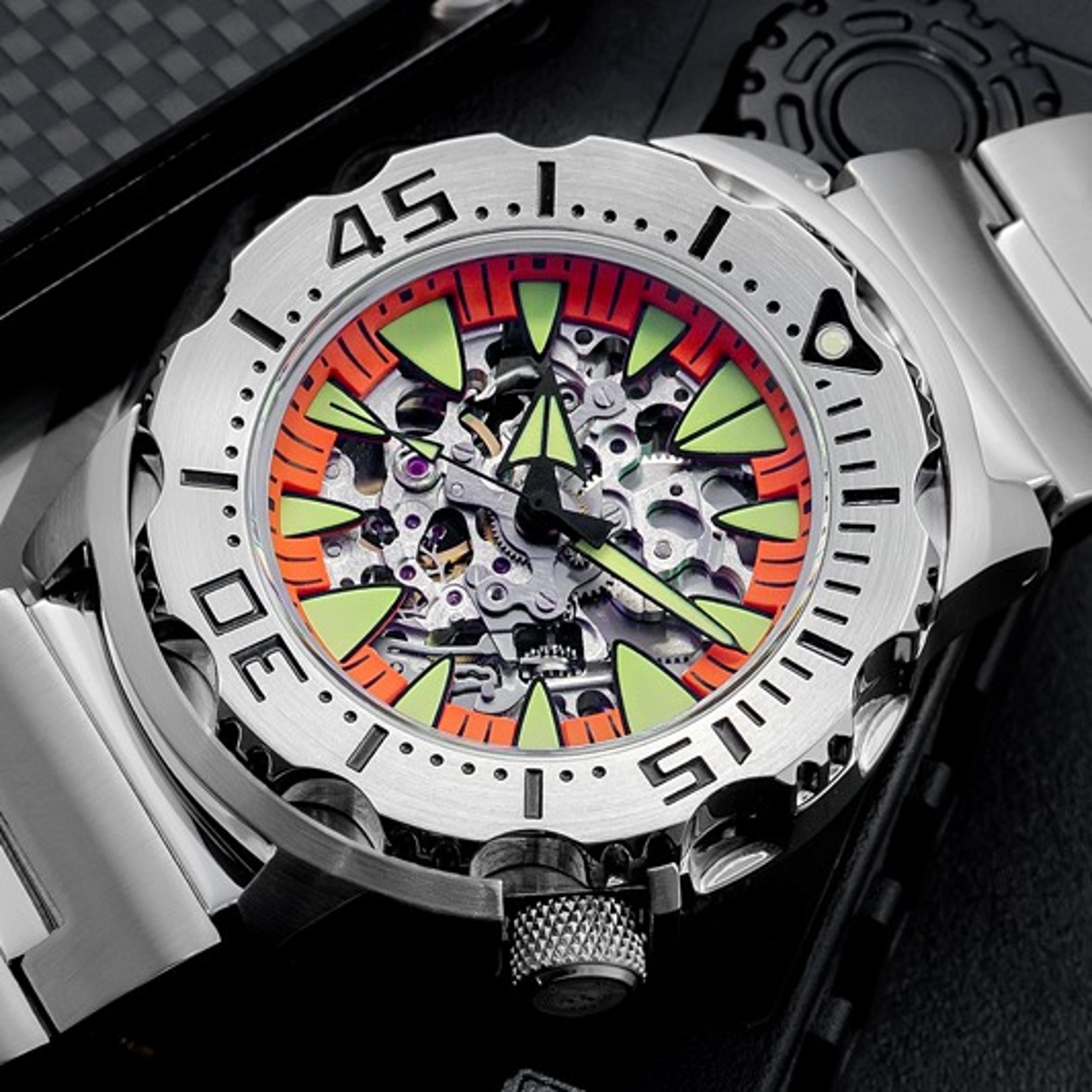 luxury mens skeleton mechanical watch sapphire crystal stainless steel