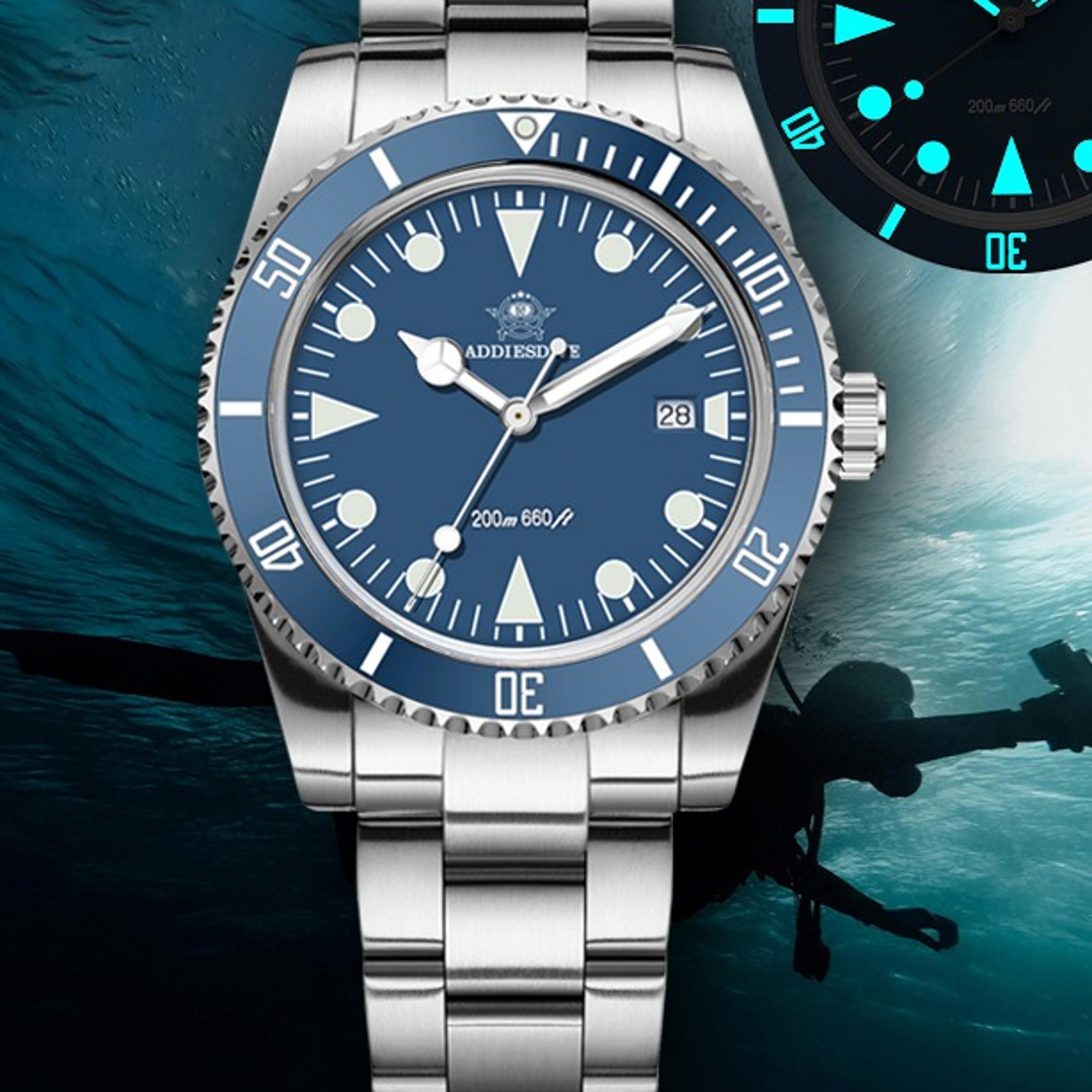 mens waterproof blue luminous quartz watch with bubble glass