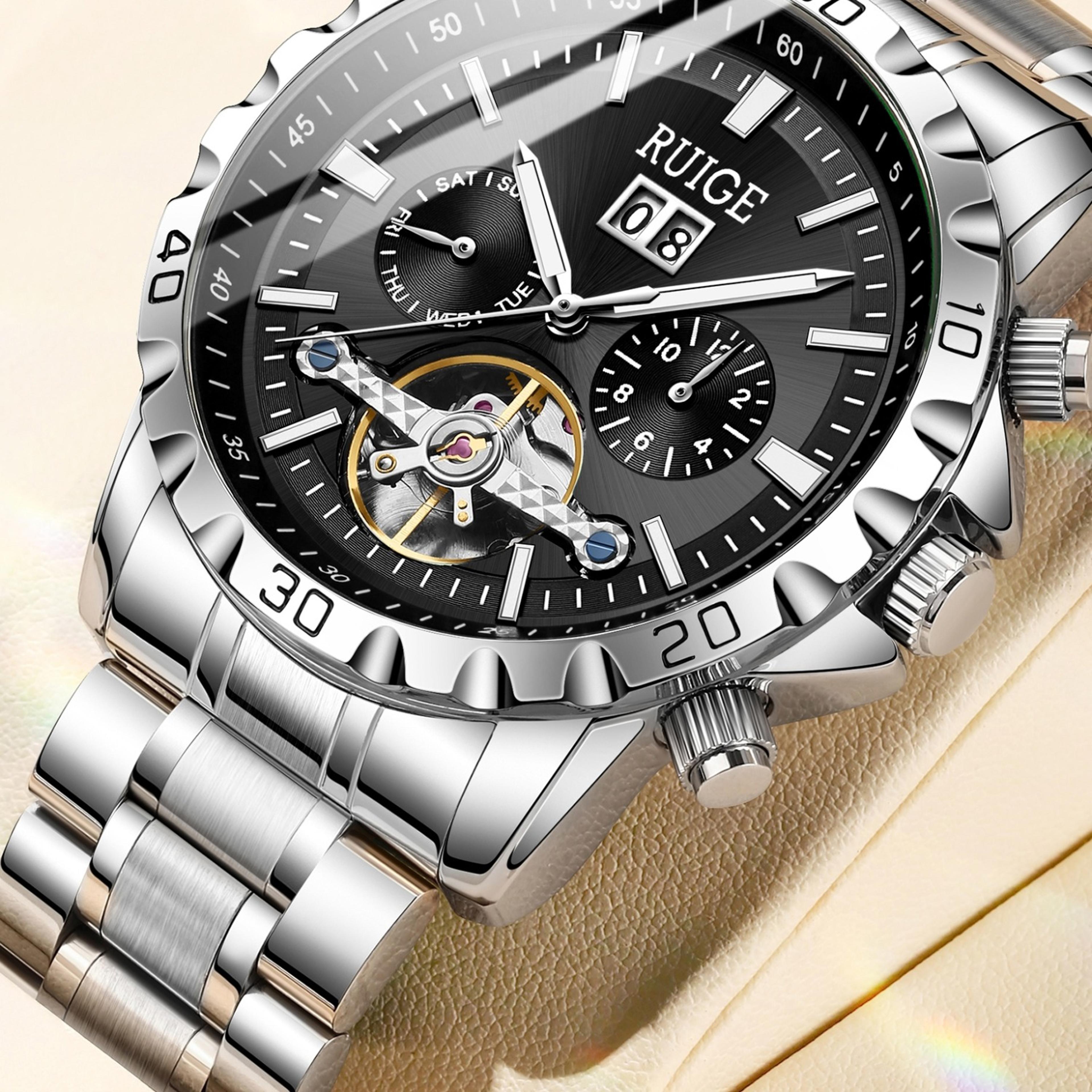luxury stainless steel mens watch with calendar moon phase design