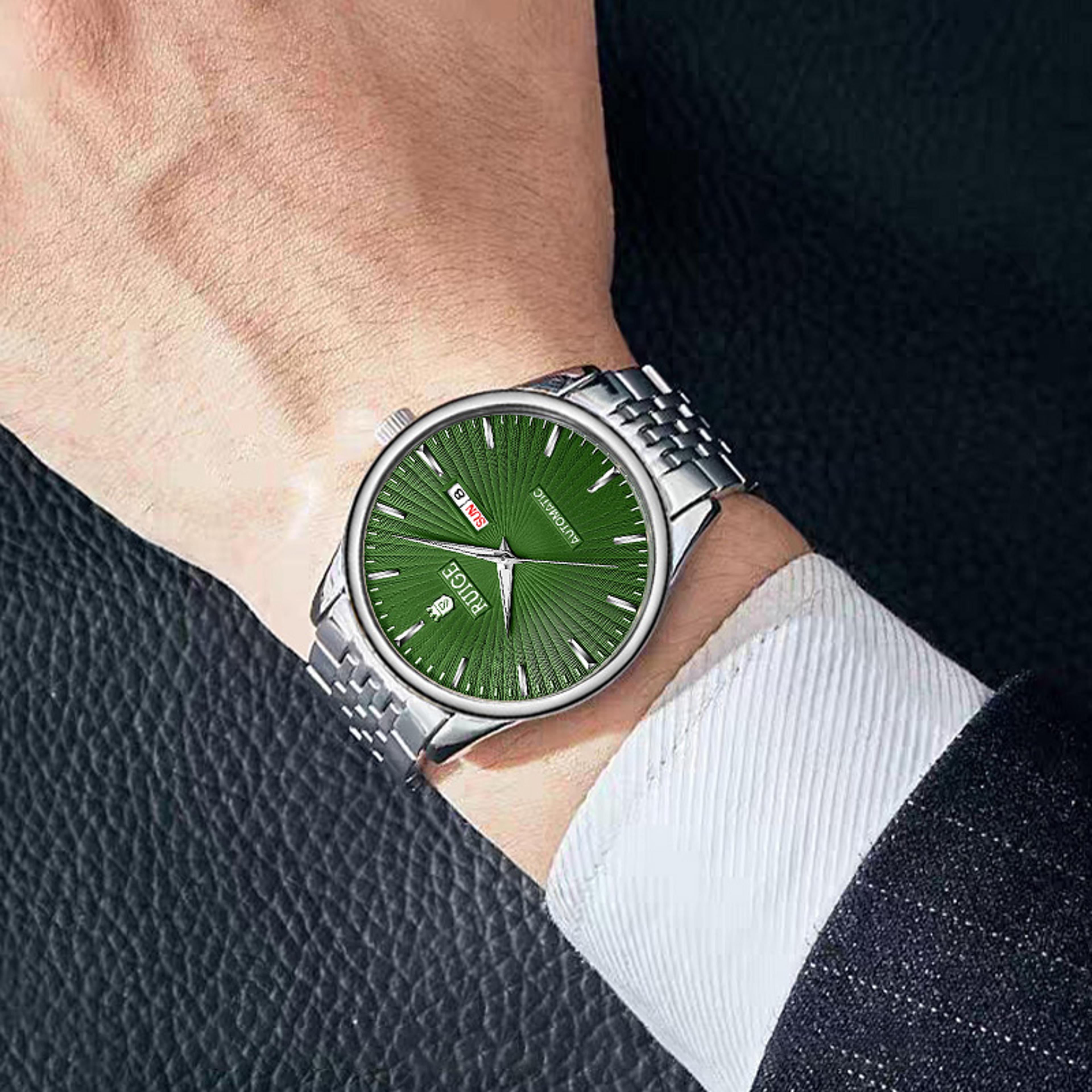 automatic mechanical mens watch stainless steel dual calendar waterproof fashion timepiece