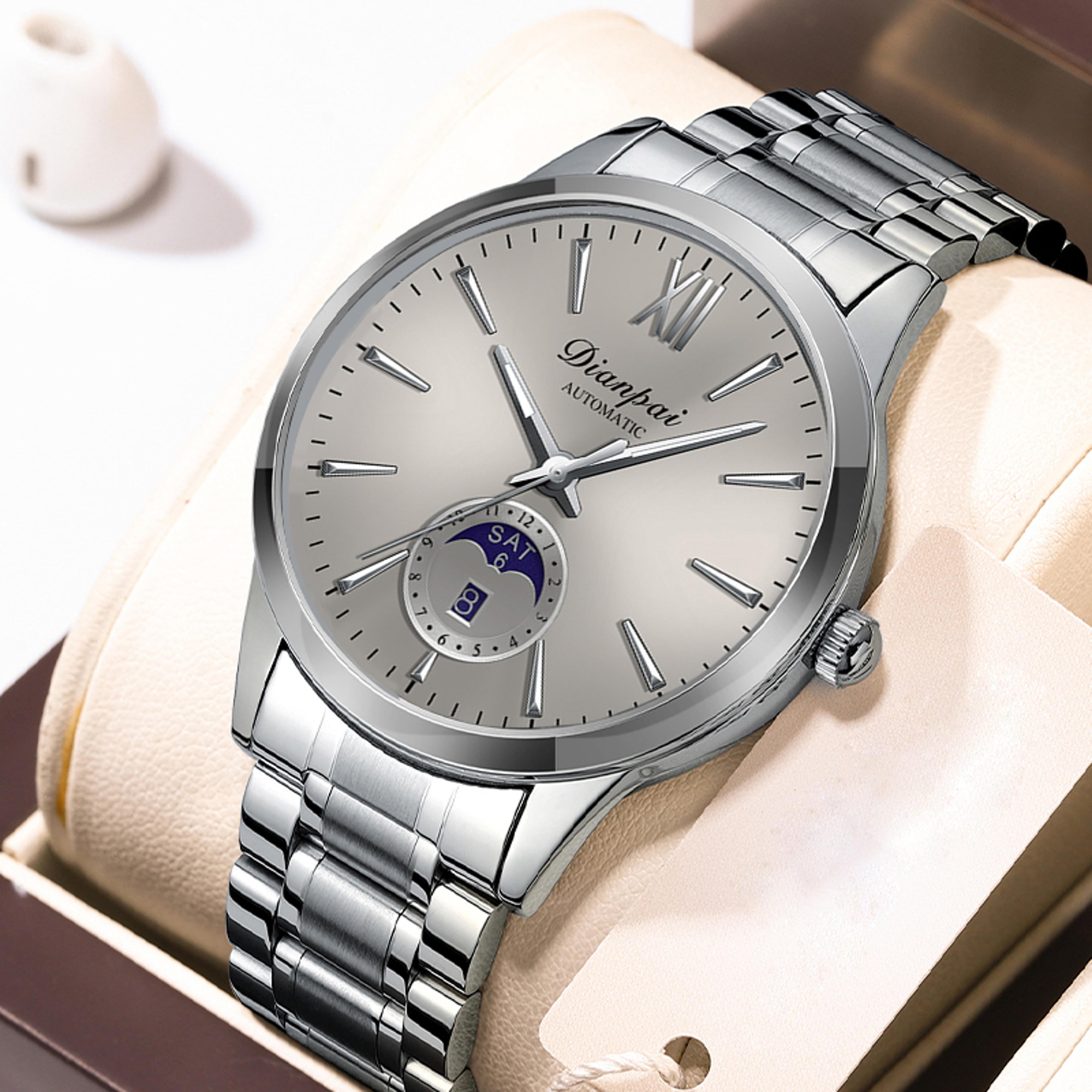 moon phase automatic mechanical men's stainless steel business watch