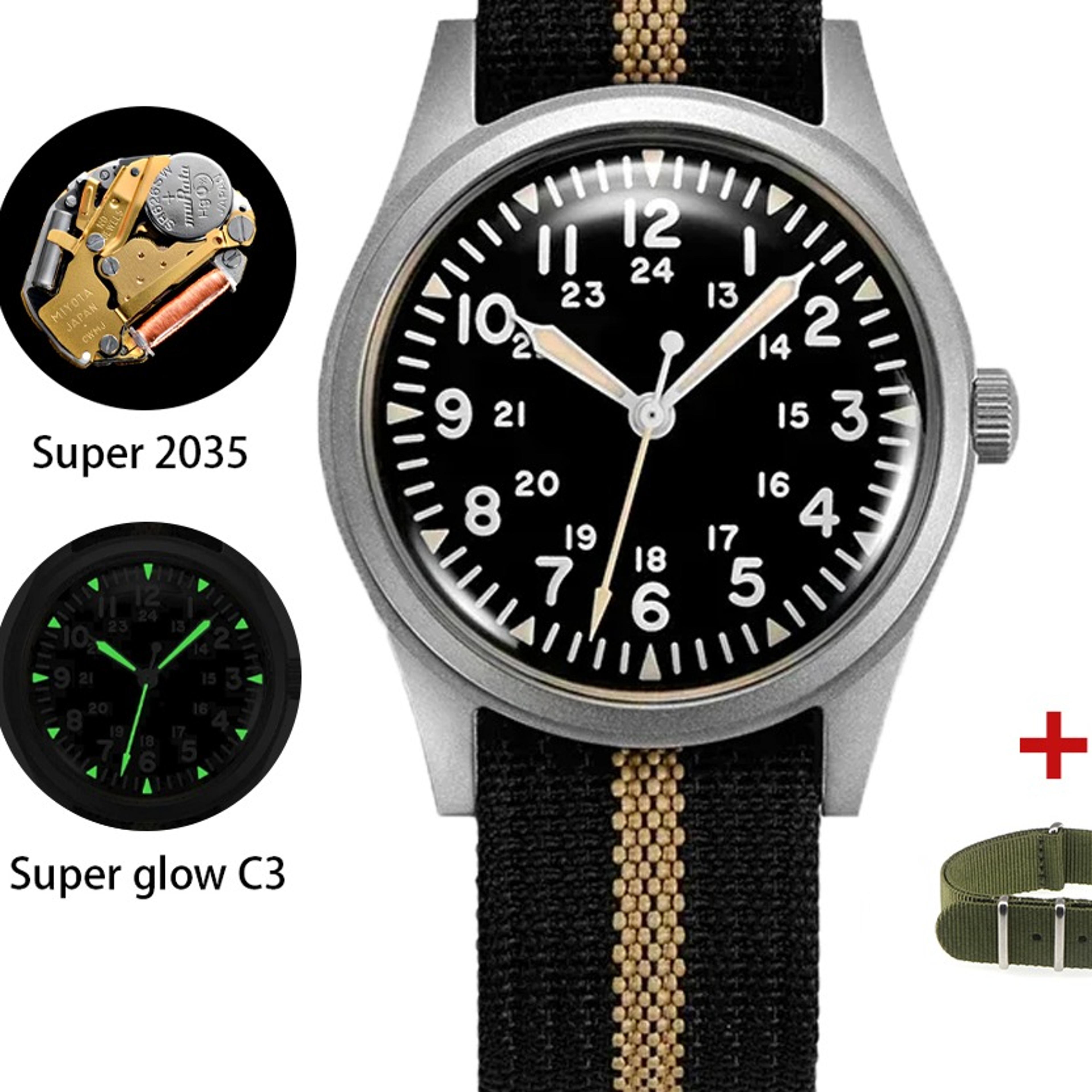 military vintage men quartz watch with miyota movement stainless steel