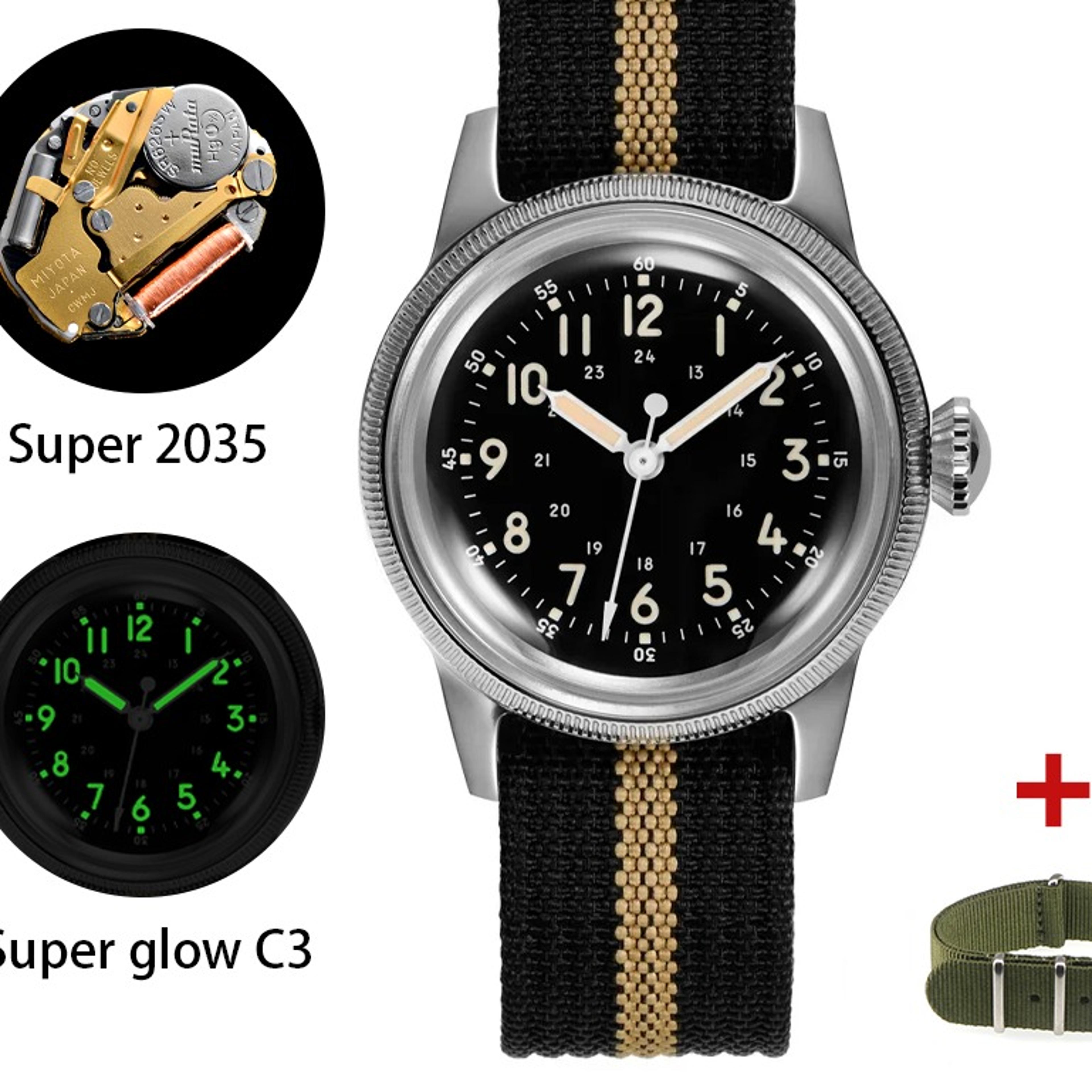 military mens quartz watch with luminous dial stainless steel case