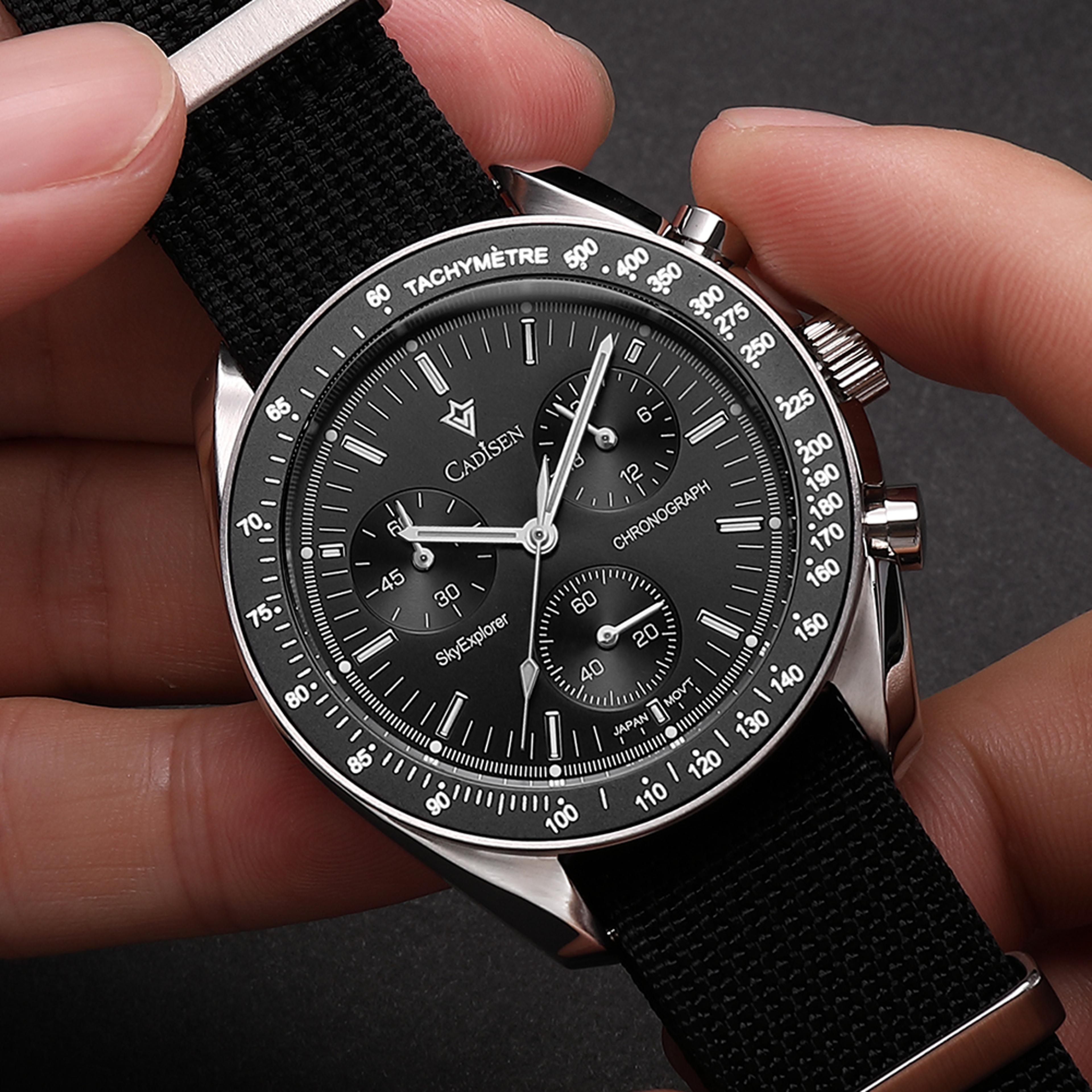 luxury mens sapphire crystal quartz chronograph watch with canvas strap