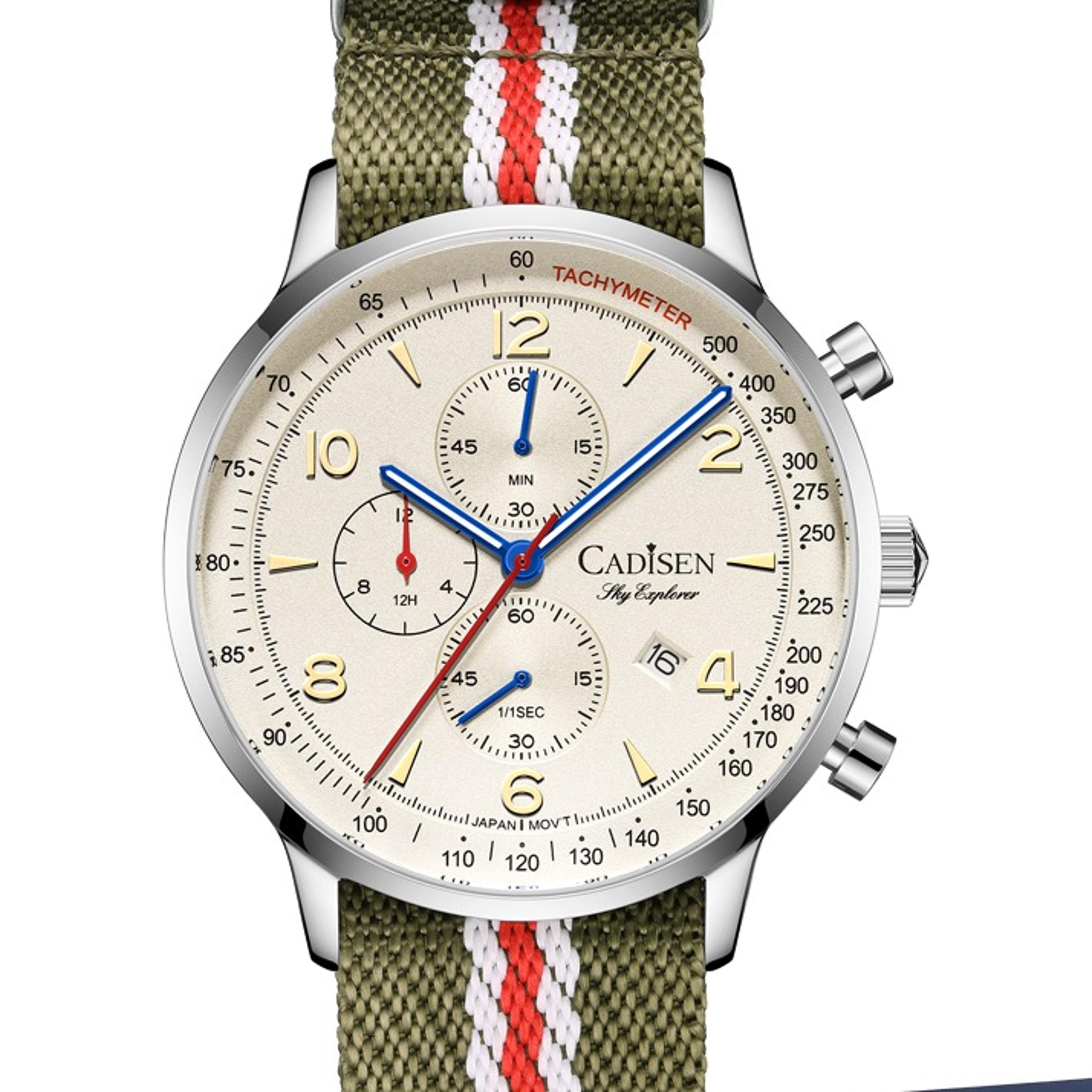 chronograph mens quartz watch with canvas strap and waterproof design