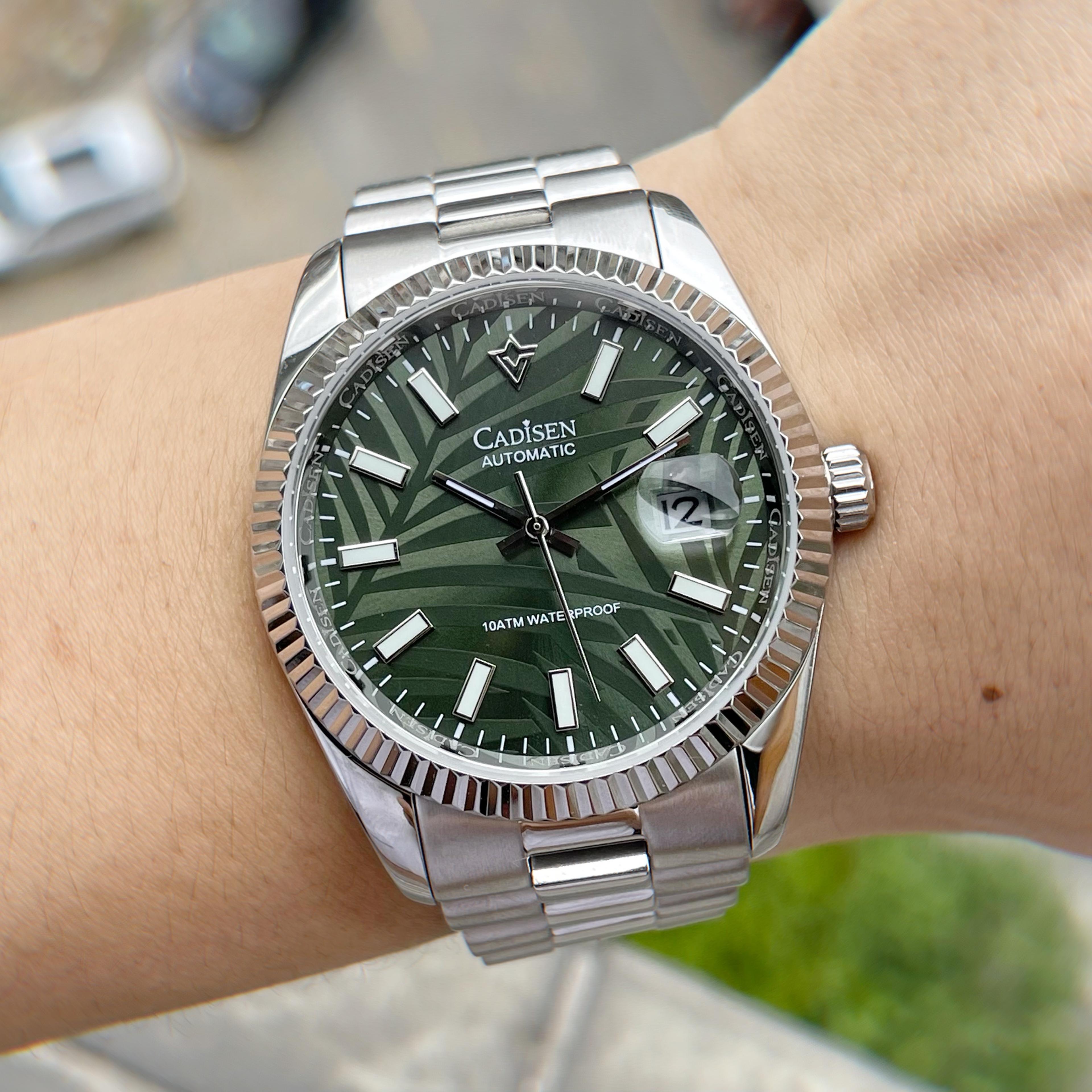 palm leaf dial automatic mechanical watch men luxury olive green wristwatch