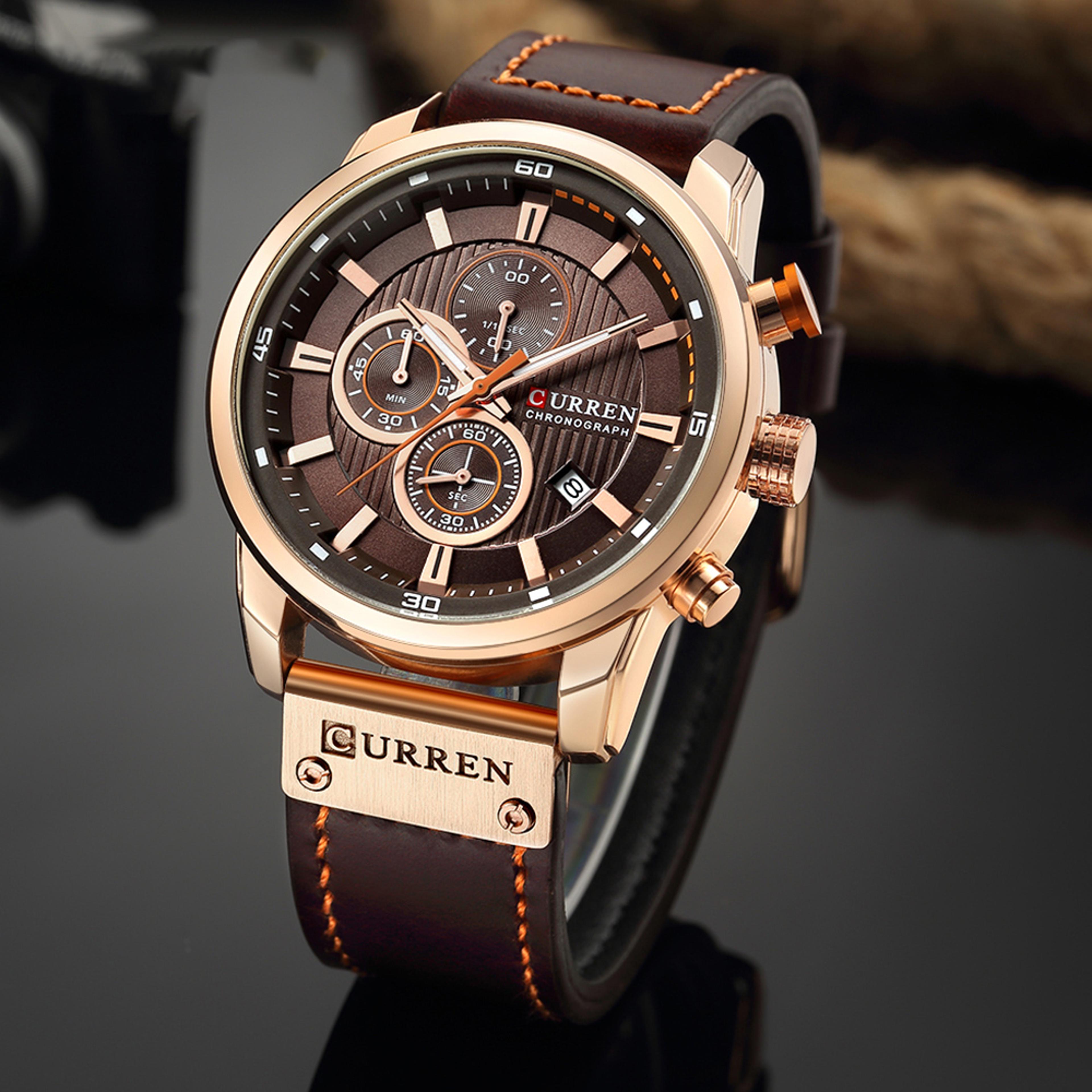 mens quartz chronograph leather watch military sport casual wristwatch