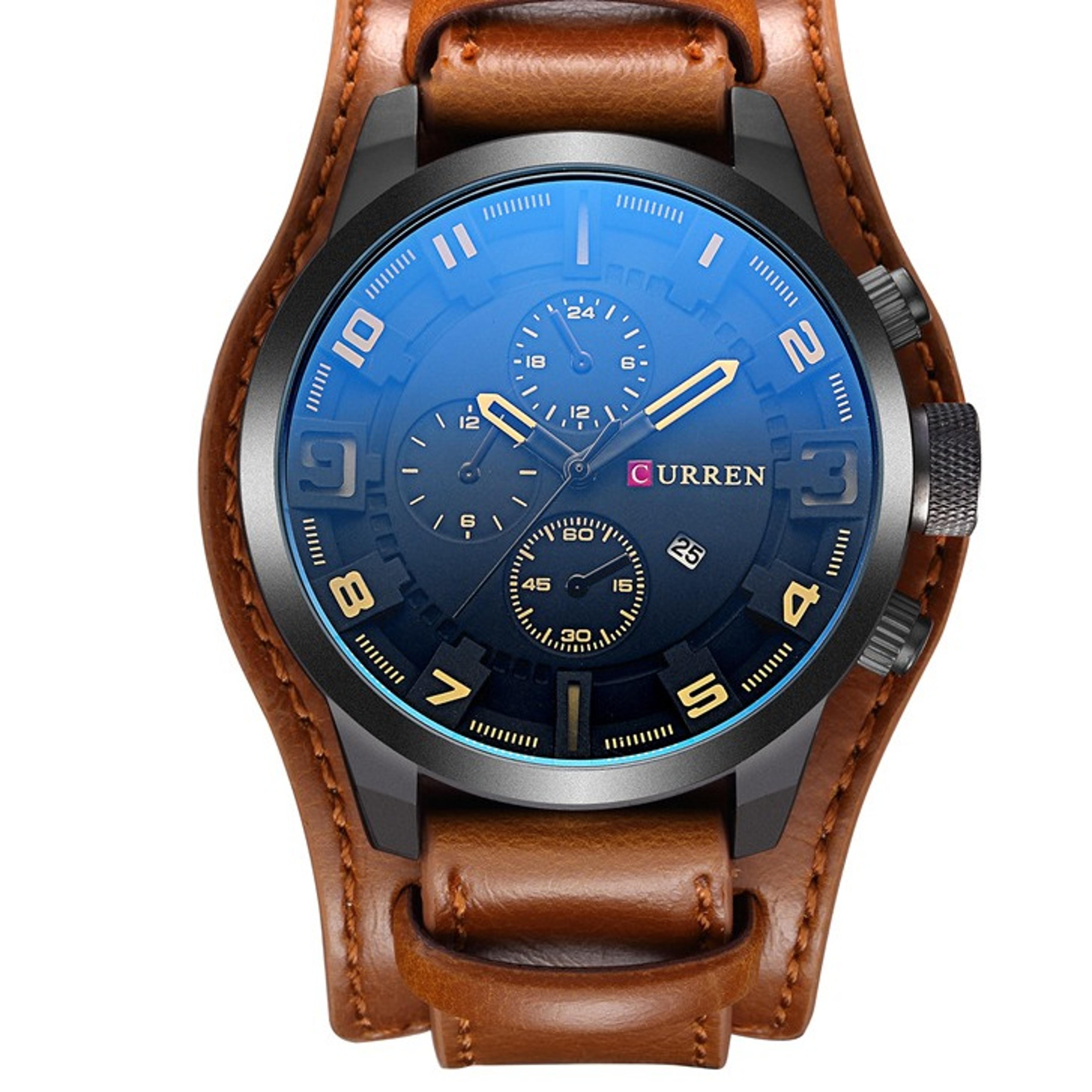 luxury large dial calendar leather quartz watch with blue light dial water resistant design