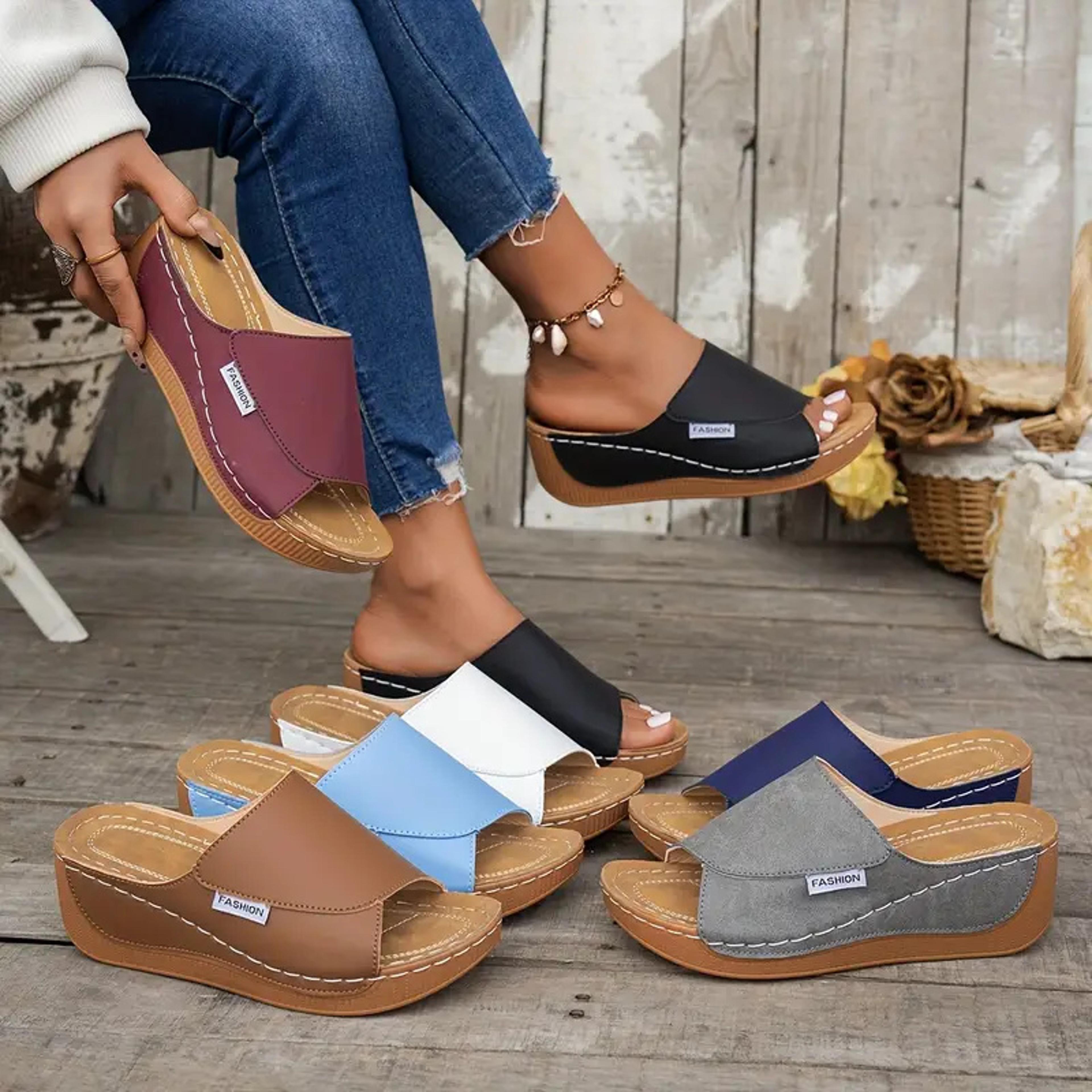 women wedge slippers open toe breathable summer sandals comfortable buckle slides