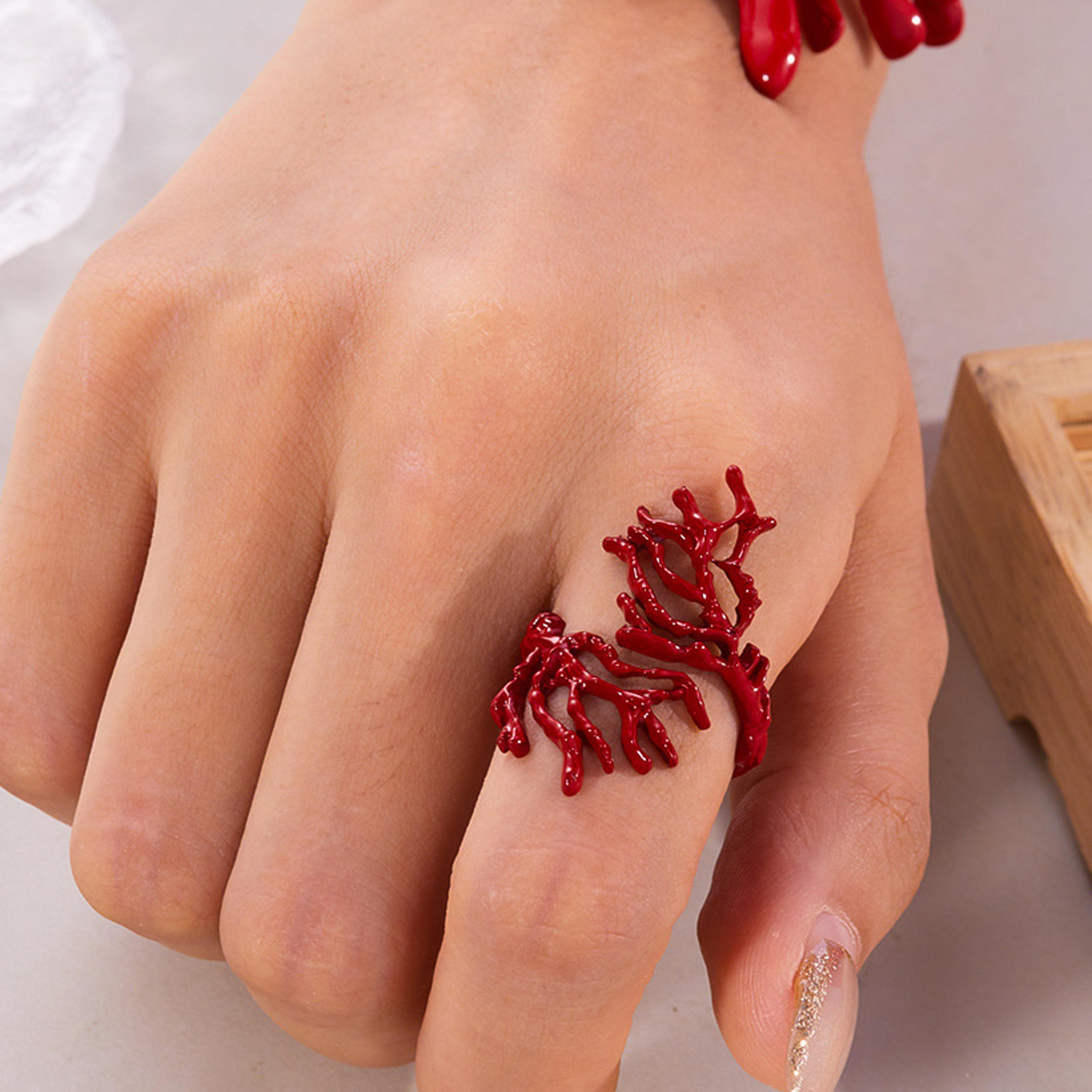 red coral shaped knuckle ring for women punk geometric statement jewelry