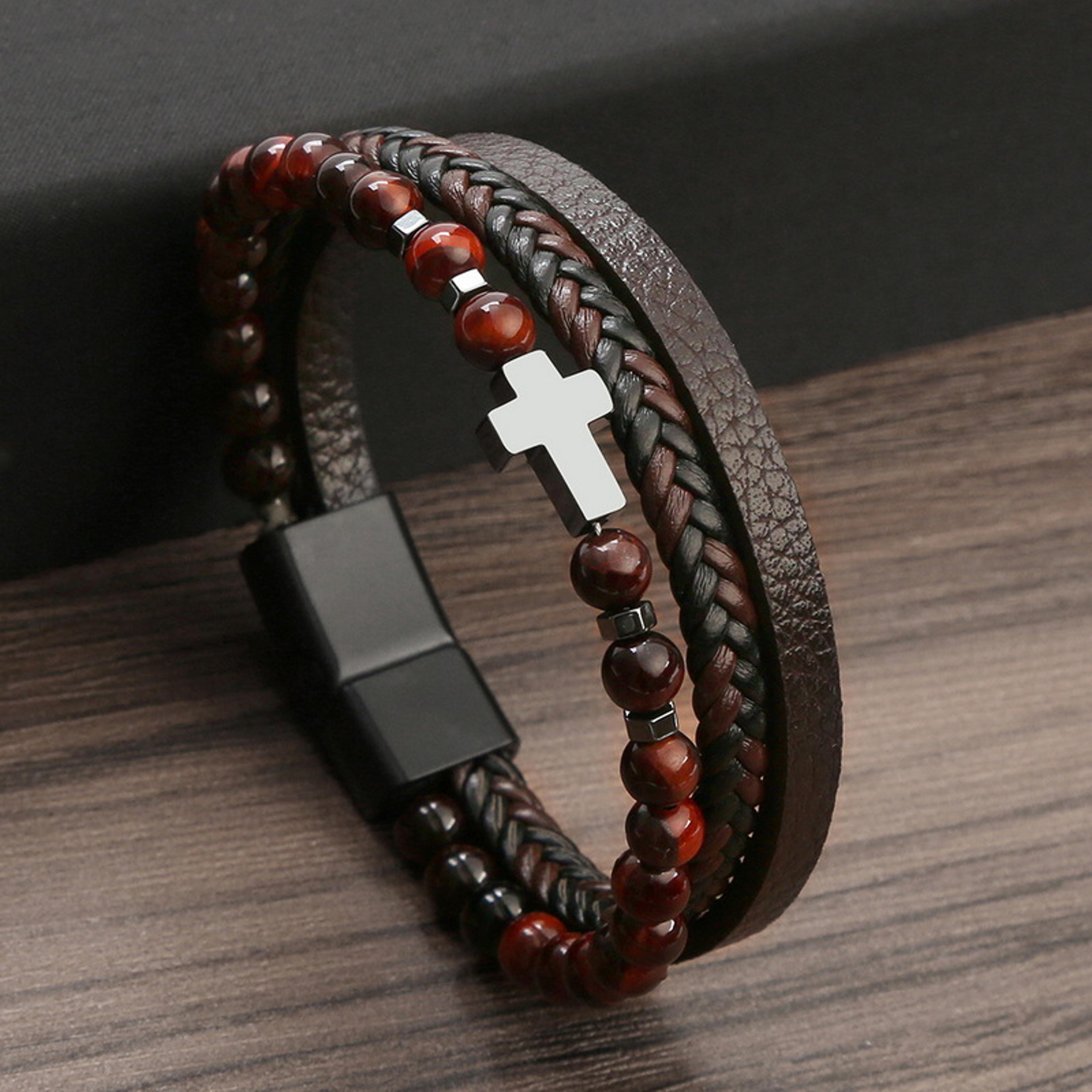 natural stone bead prayer bracelet multilayer leather rosary cross jewelry