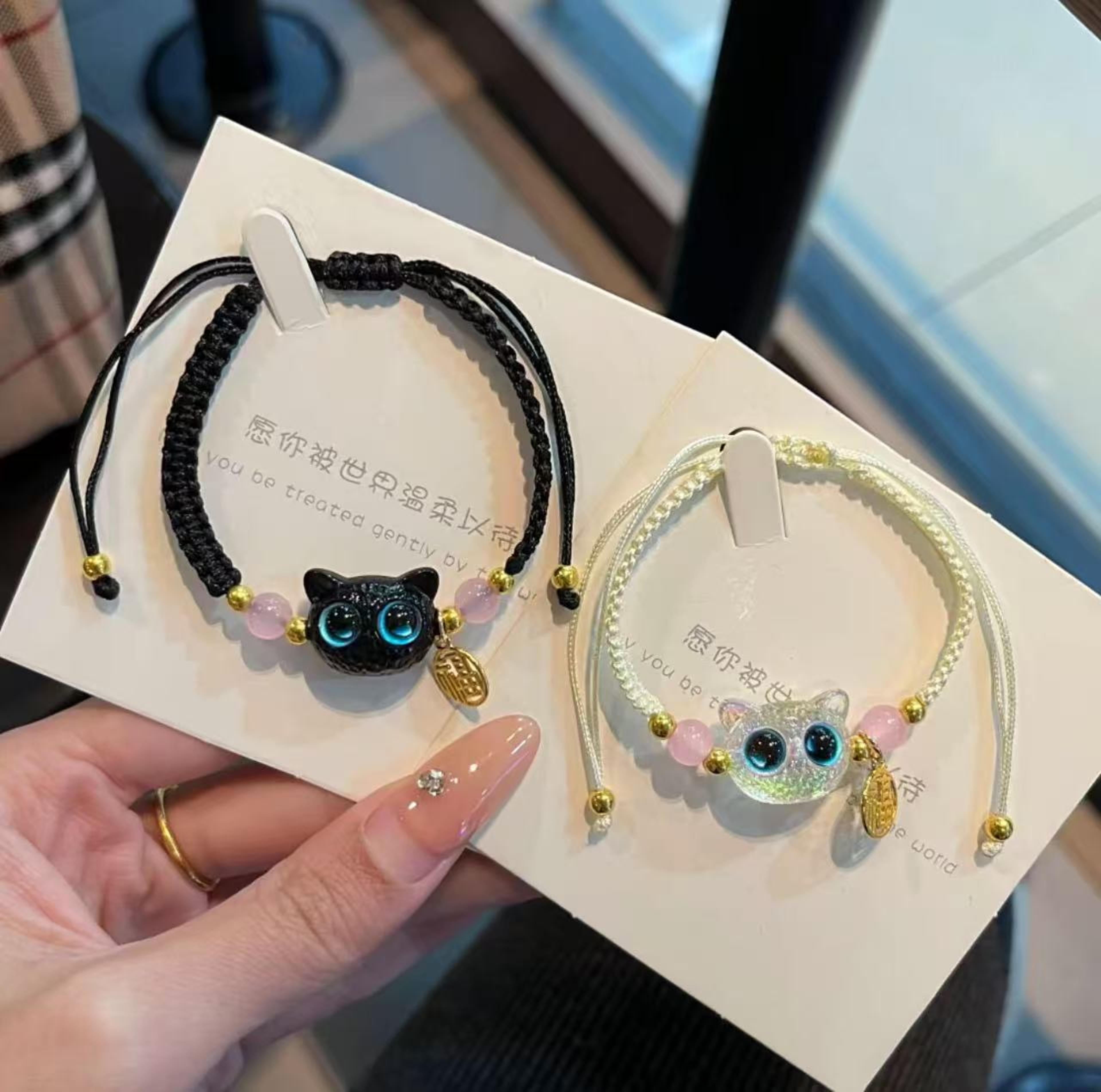 handmade lucky blue eye black cat bracelet set for couples women men friendship gift