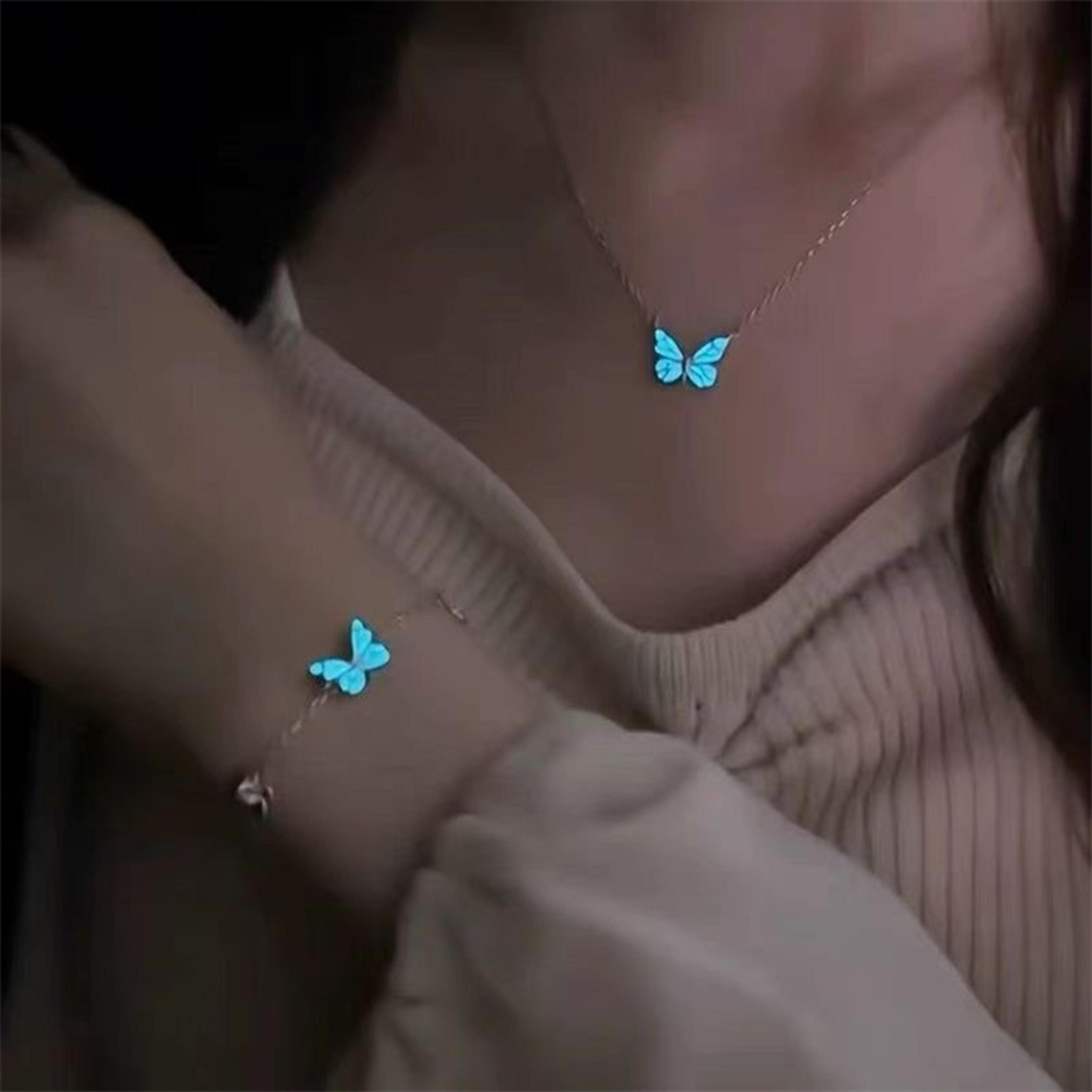 blue luminous butterfly necklace bracelet set for women glow in the dark jewelry gift