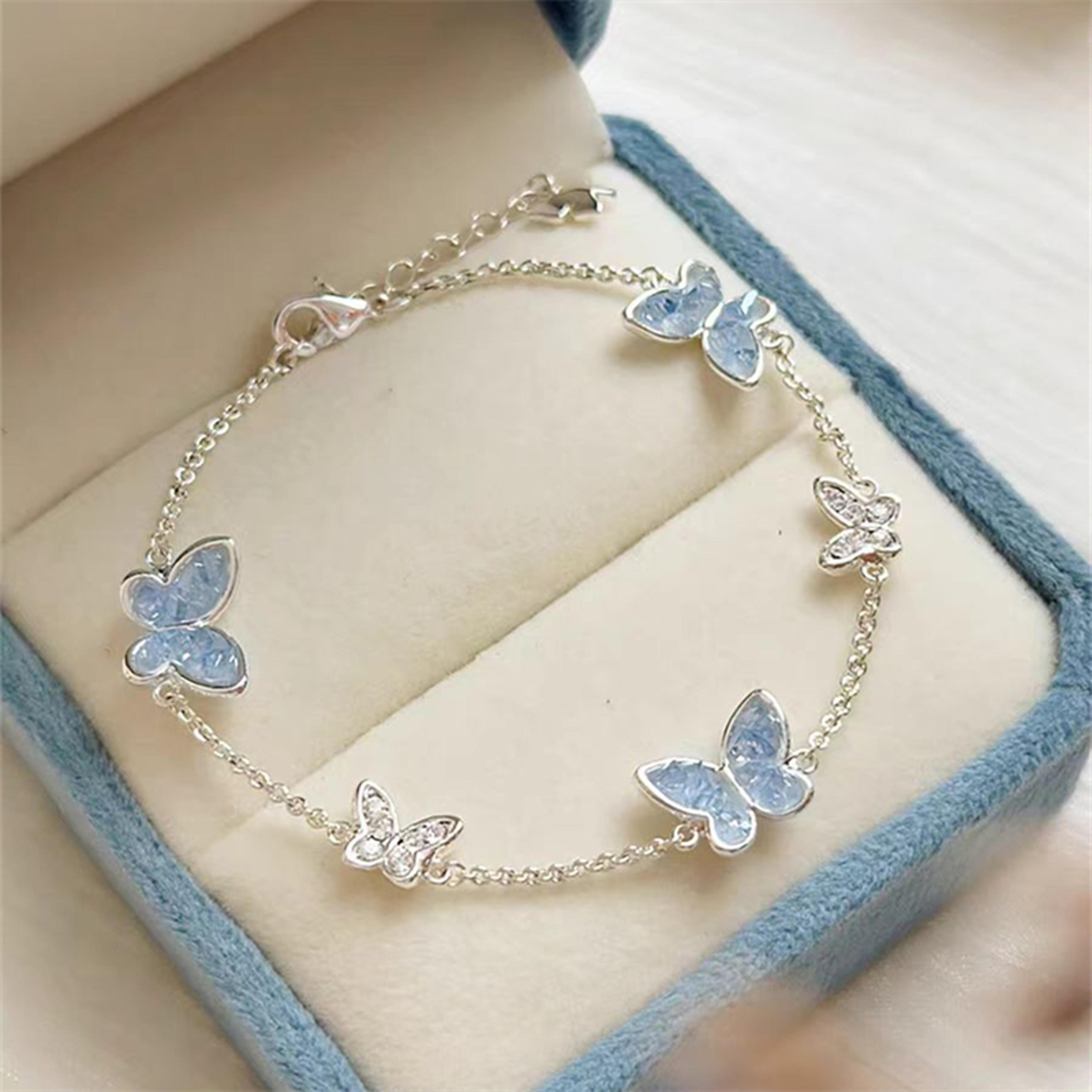 crystal butterfly jewelry set for women silver tone necklace bracelet earrings ring