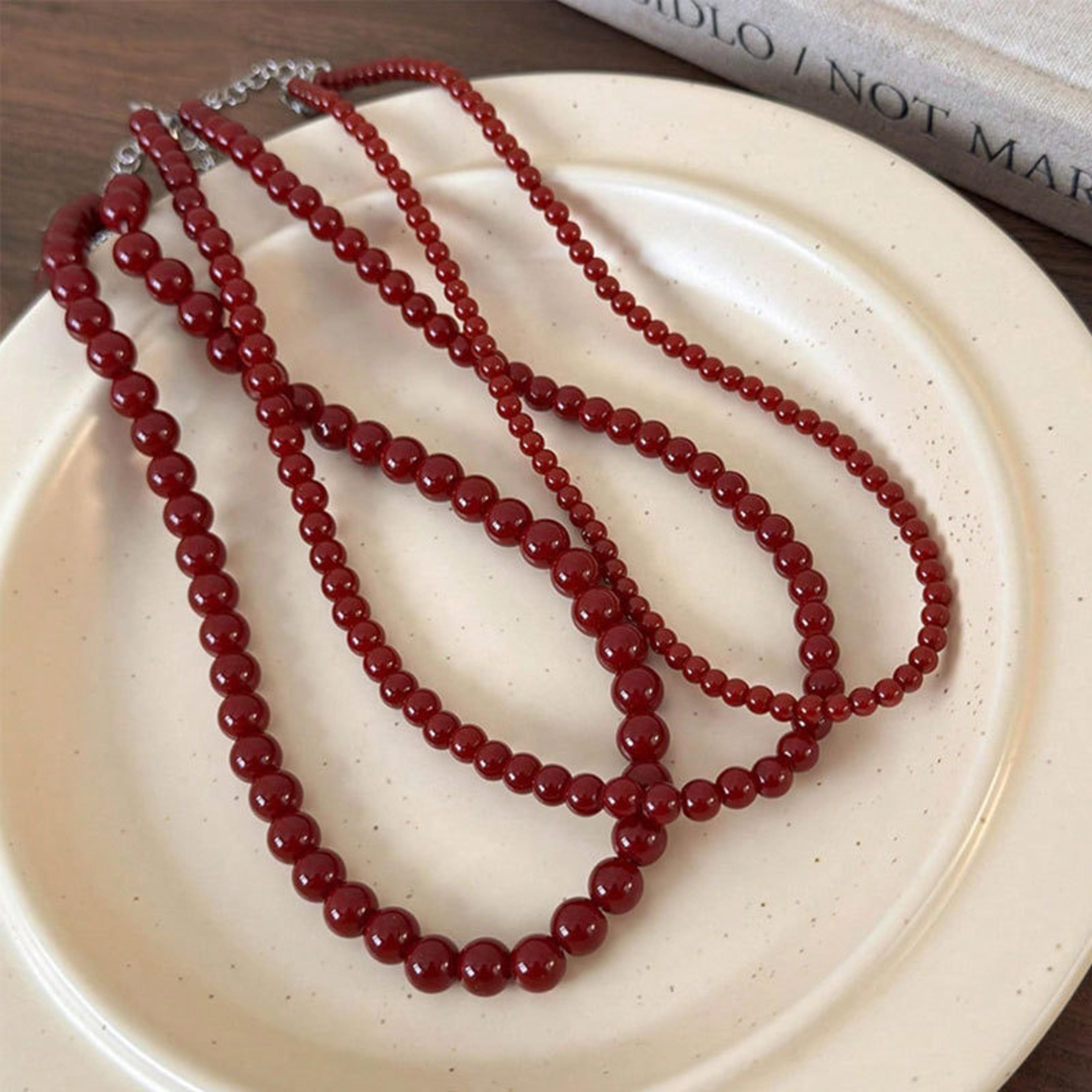 red glass bead choker necklace for women silver plated chain jewelry