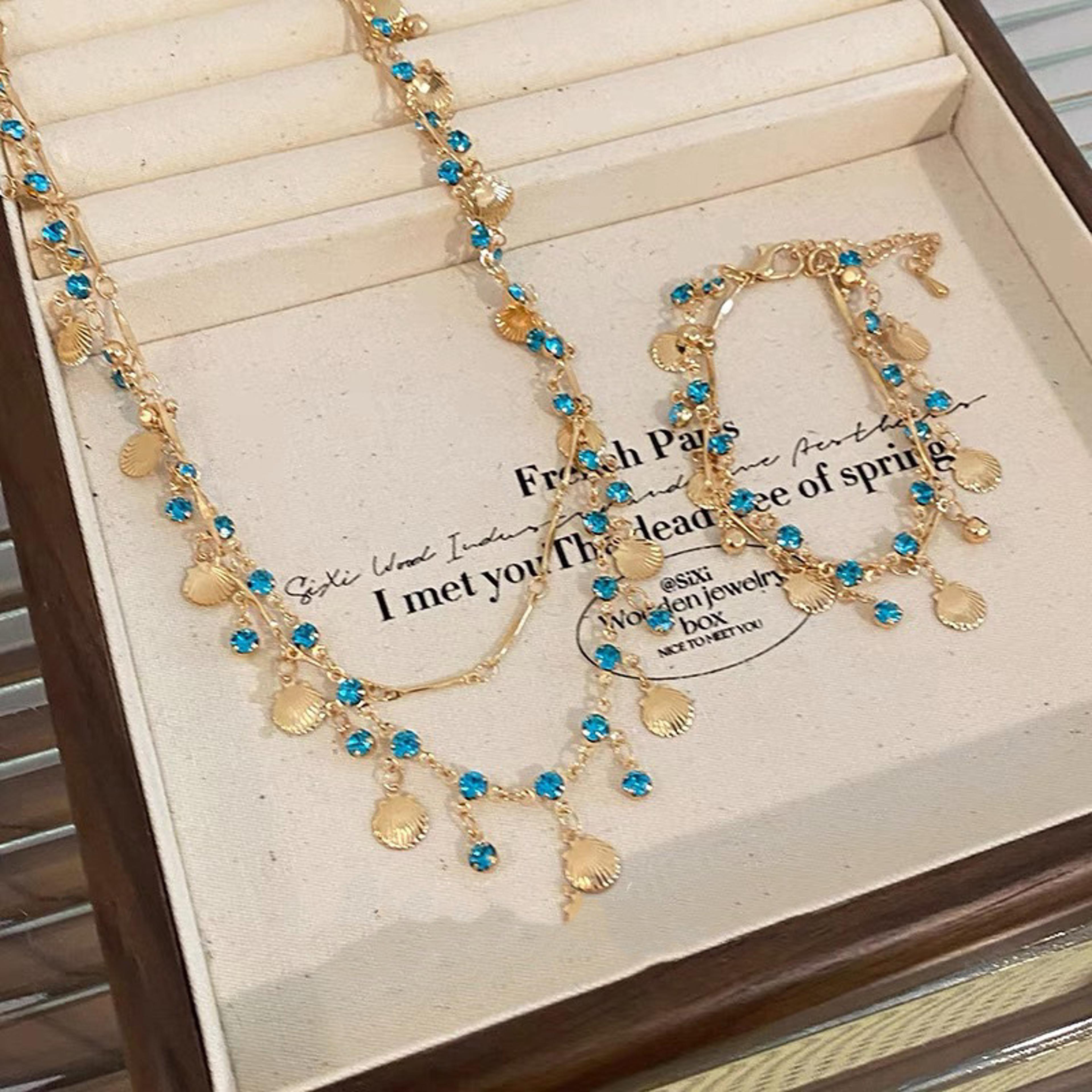 elegant gold shell blue tear crystal choker necklace bracelet set for women wedding jewelry gift
