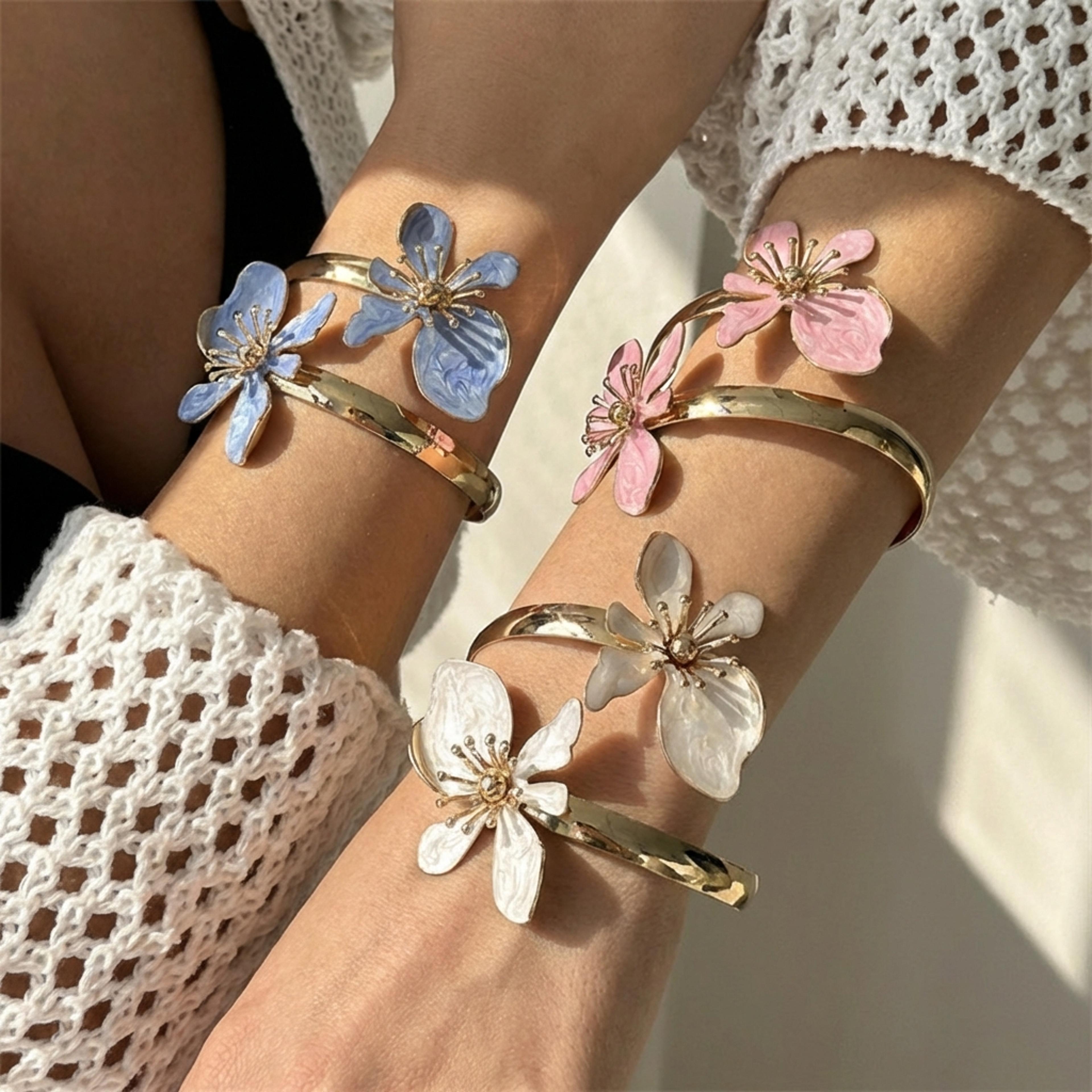 dainty enamel flower cuff bracelet for women elegant gold plated adjustable bangle jewelry