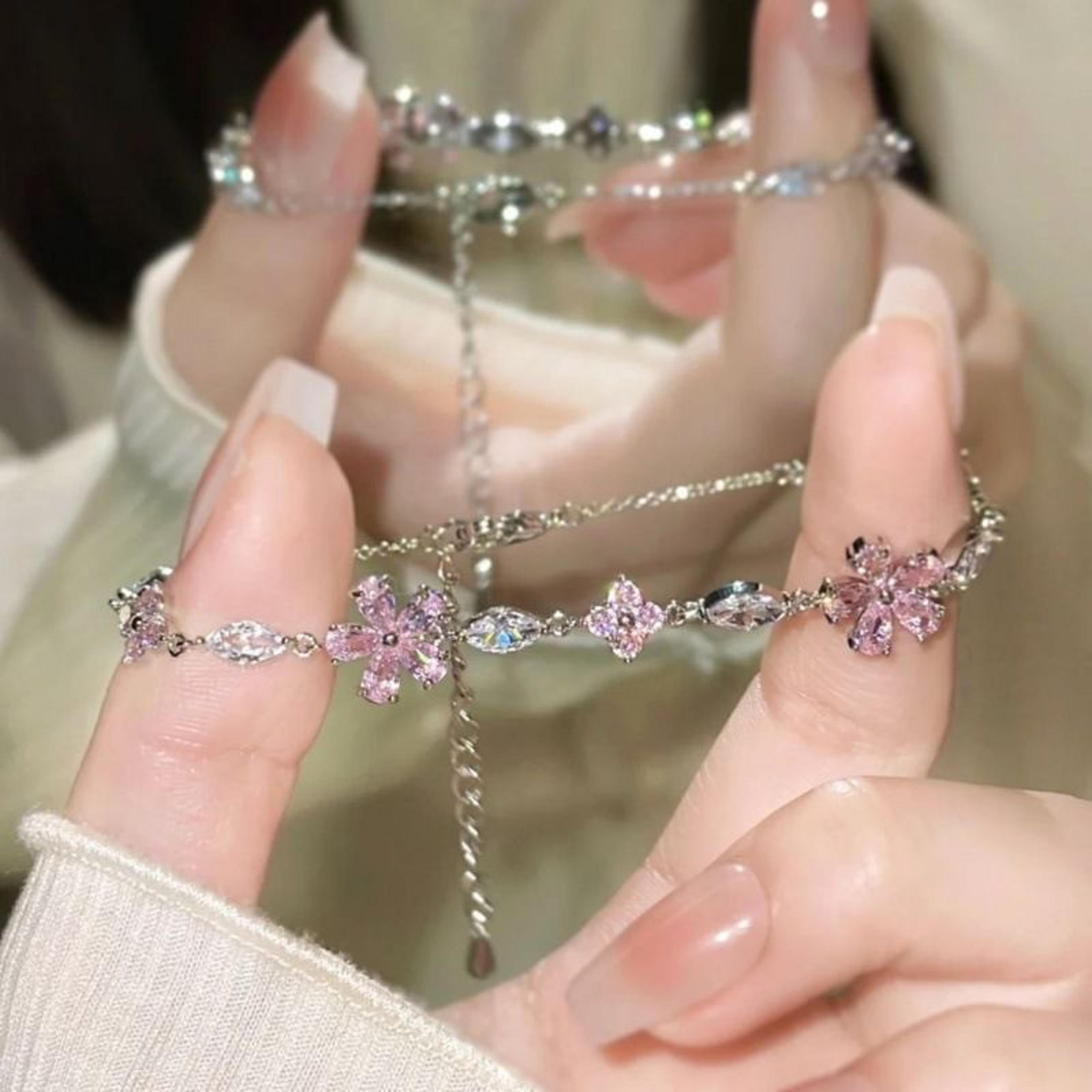 fairy pink crystal zircon sakura flower bracelet for women sweet jewelry gift