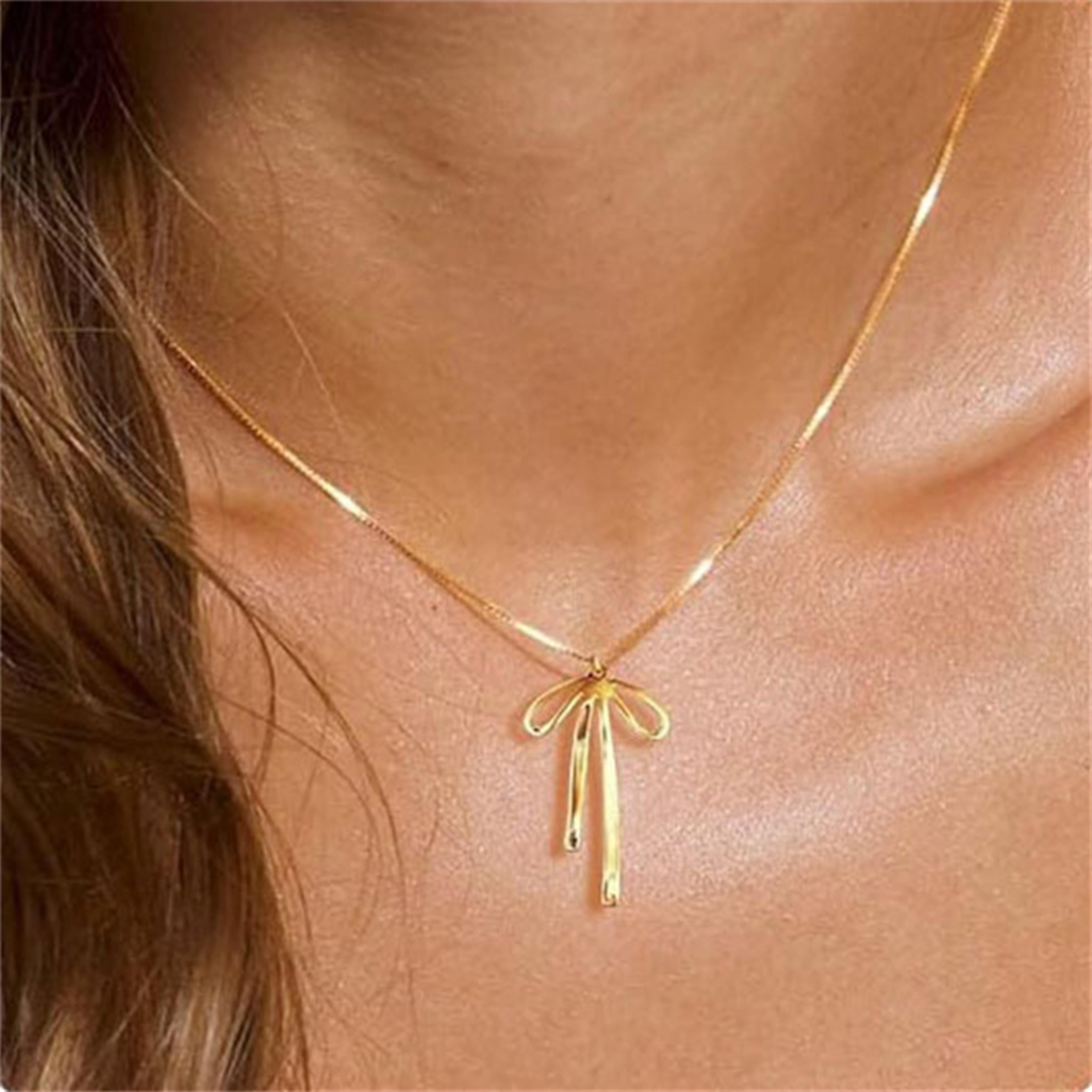 trendy gold bow necklace for women cute gold plated bow pendant chain choker
