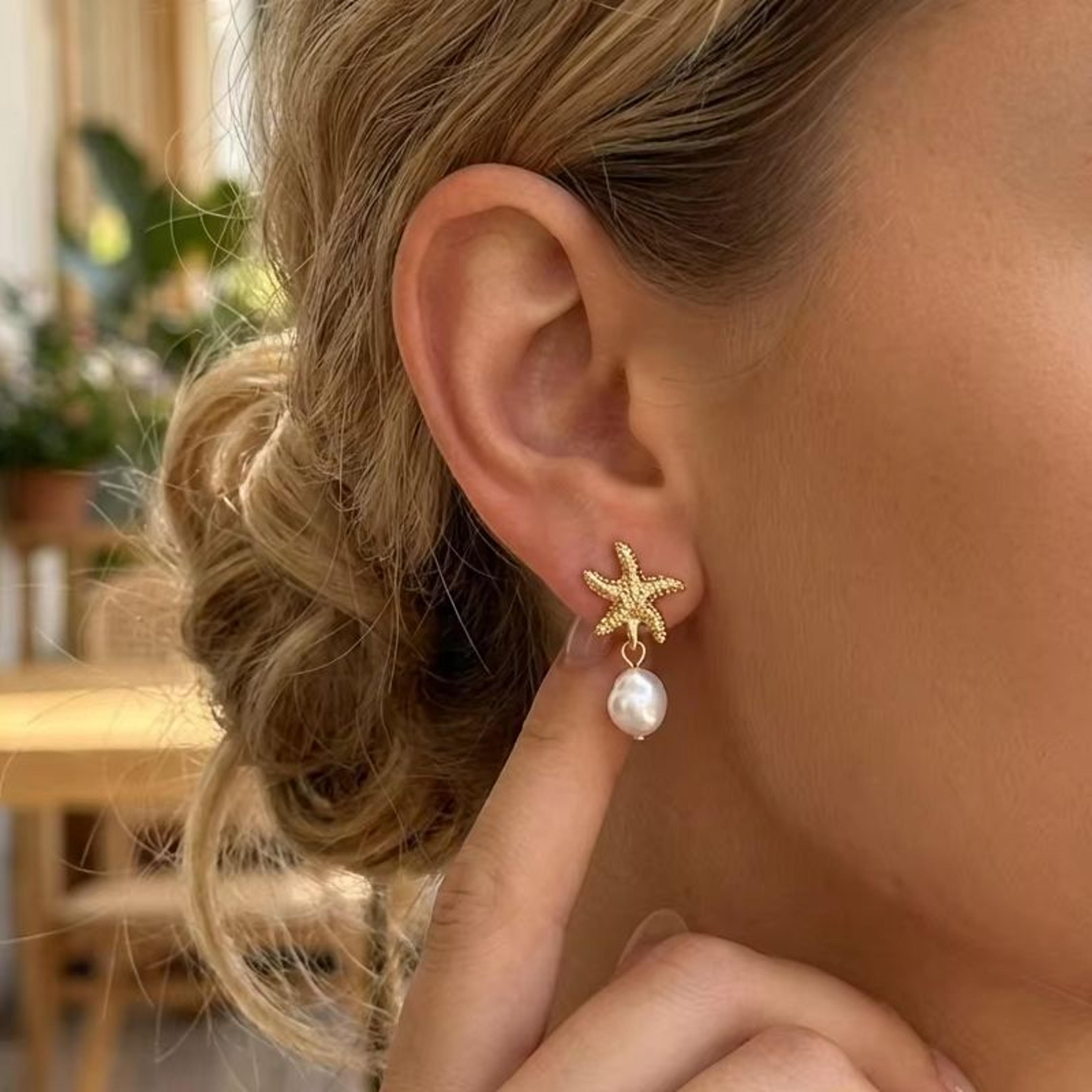 dainty starfish pearl drop earrings for women mermaidcore summer jewelry