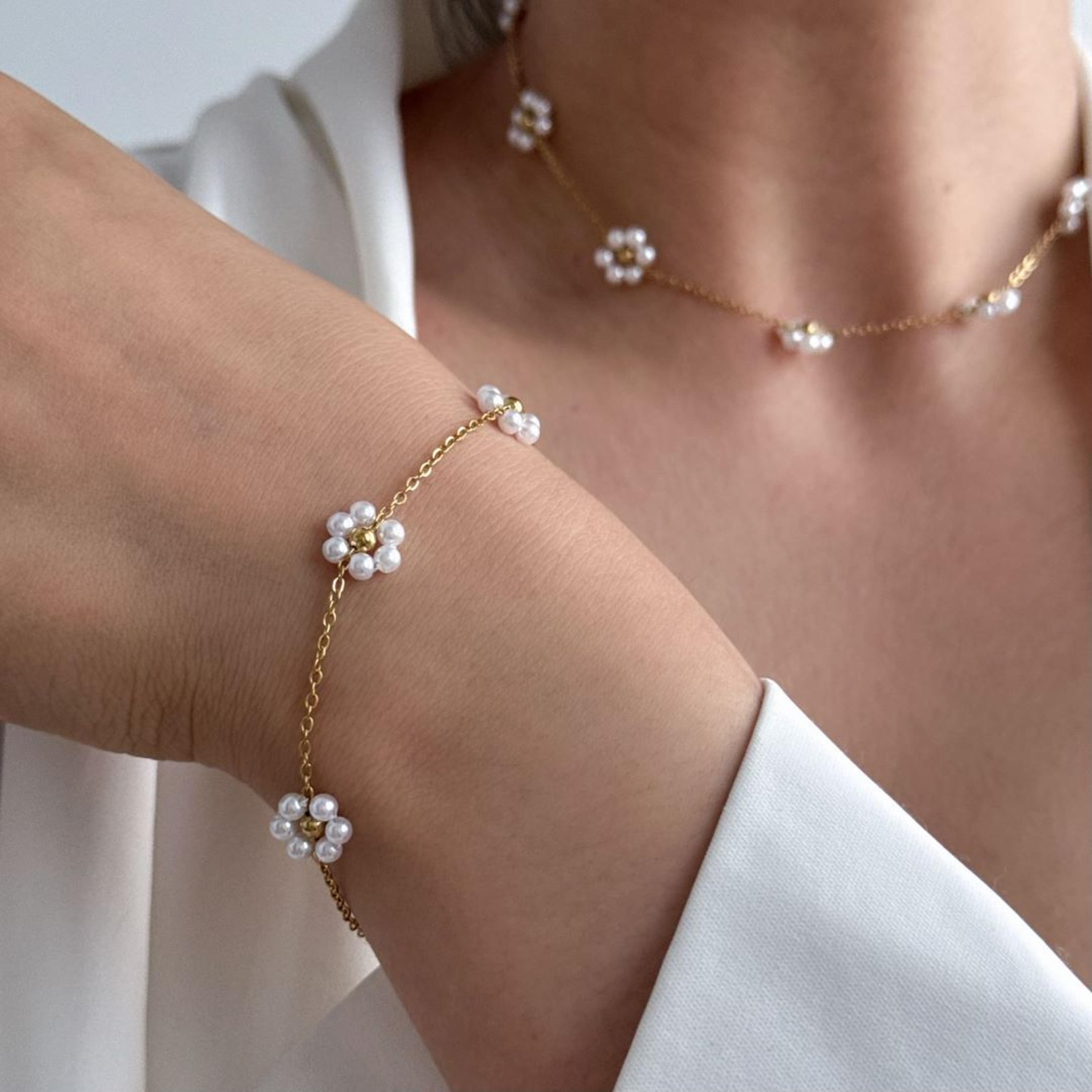 luxury korean style pearl flower necklace and bracelet set for women romantic handmade jewelry