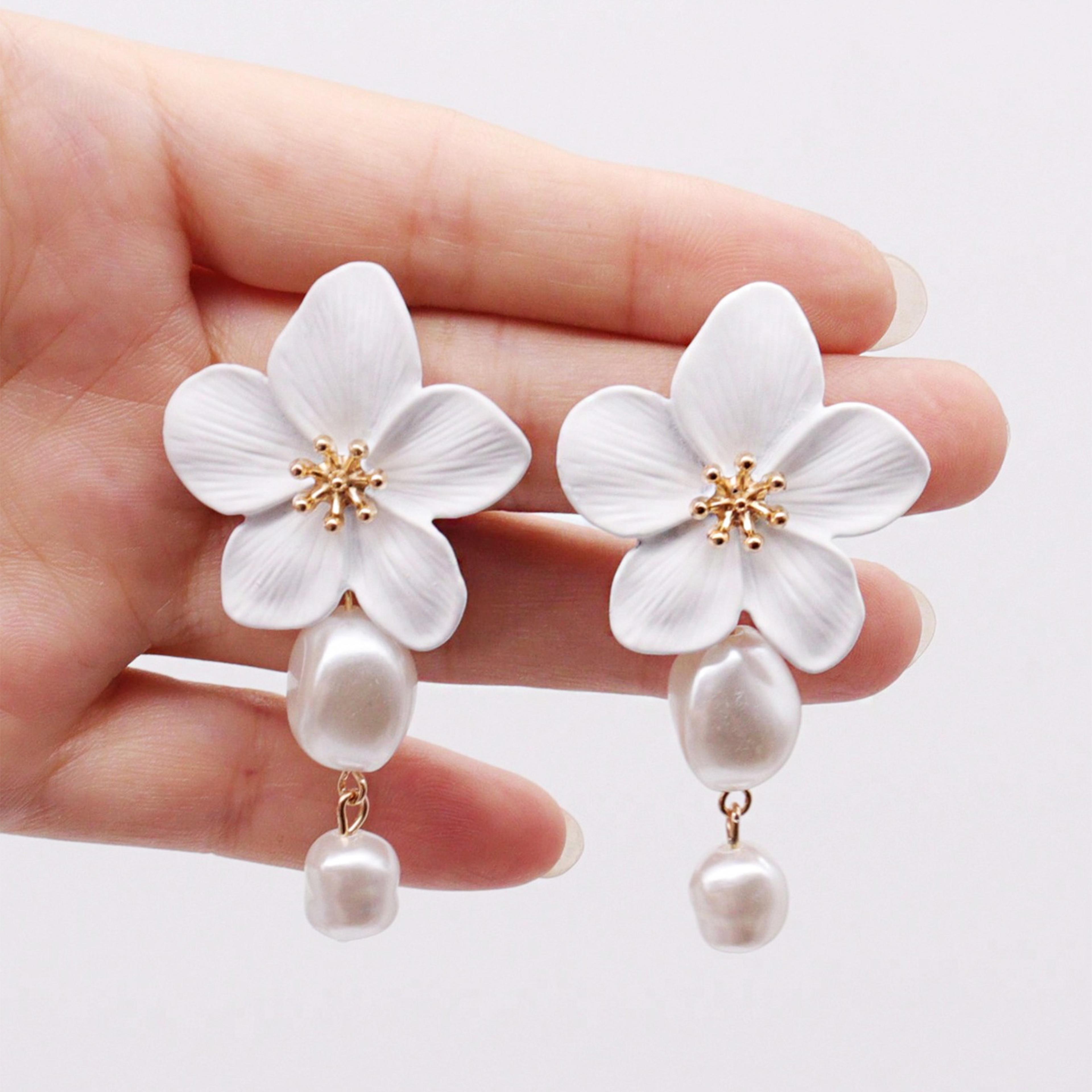 korean pearl flower dangle earrings for women elegant drop jewelry gift
